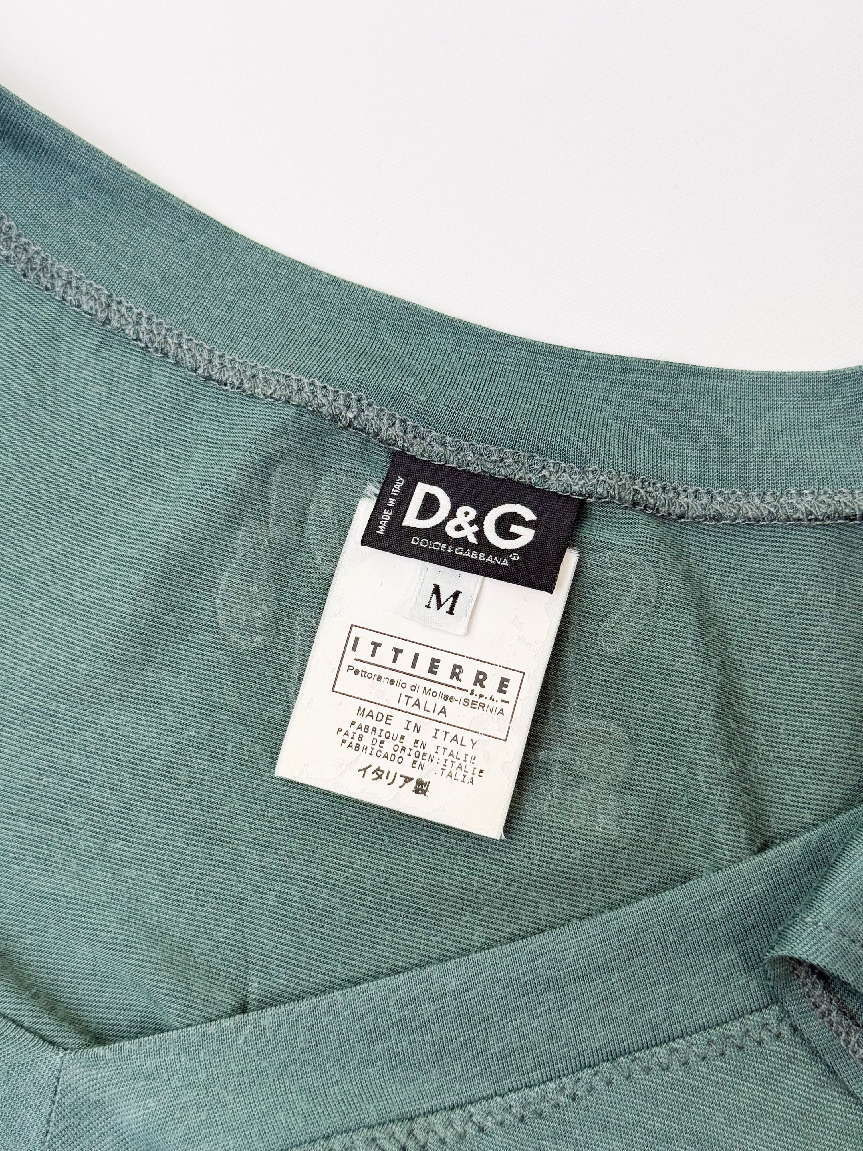 D&G Dolce & Gabbana 2000s Teal Ruffle Sleeve Italian Slogan Graphic Tee - S/M