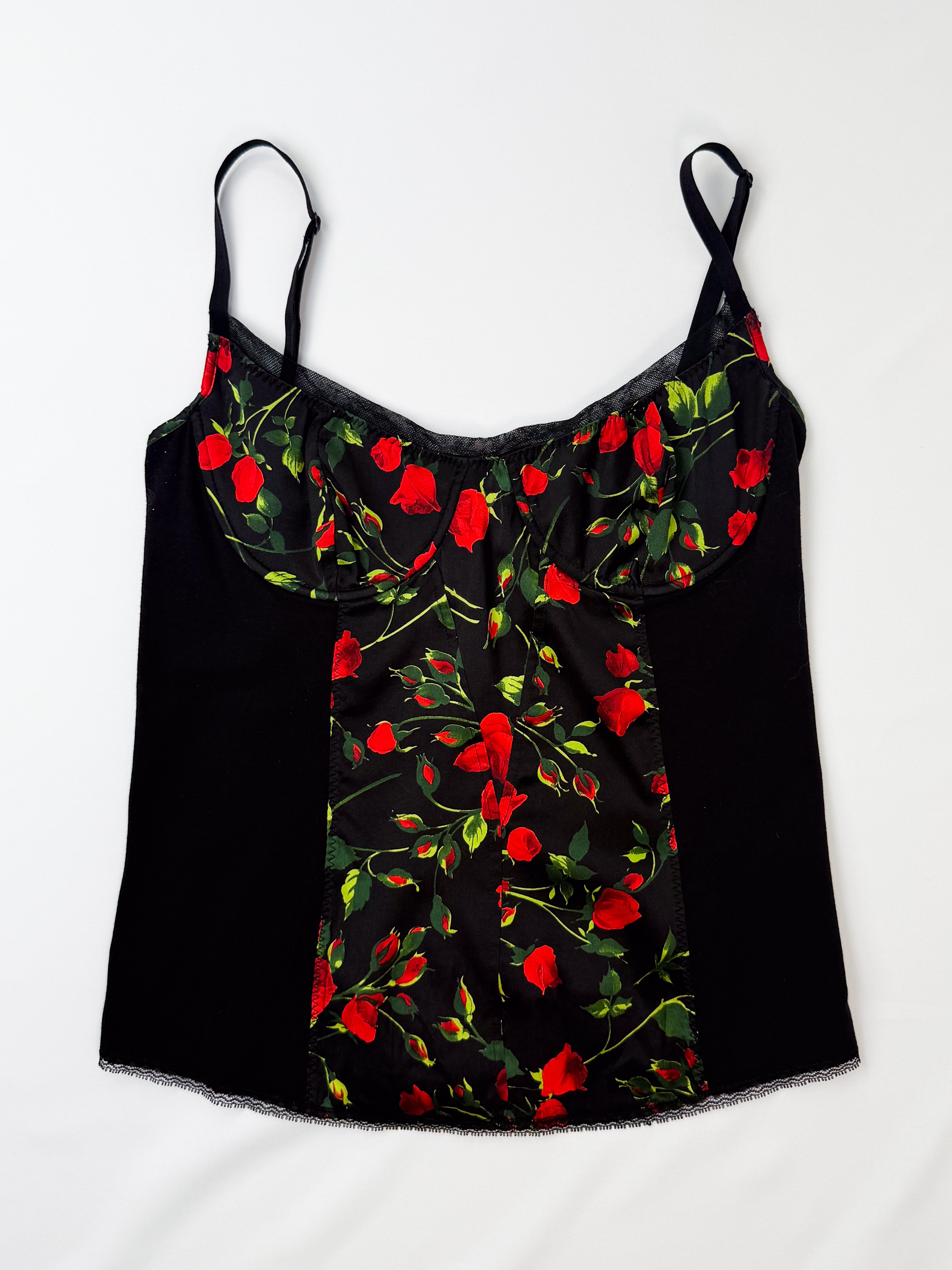 D&G Dolce & Gabbana 2000s Red Rose Print Silk Bustier Cami - M