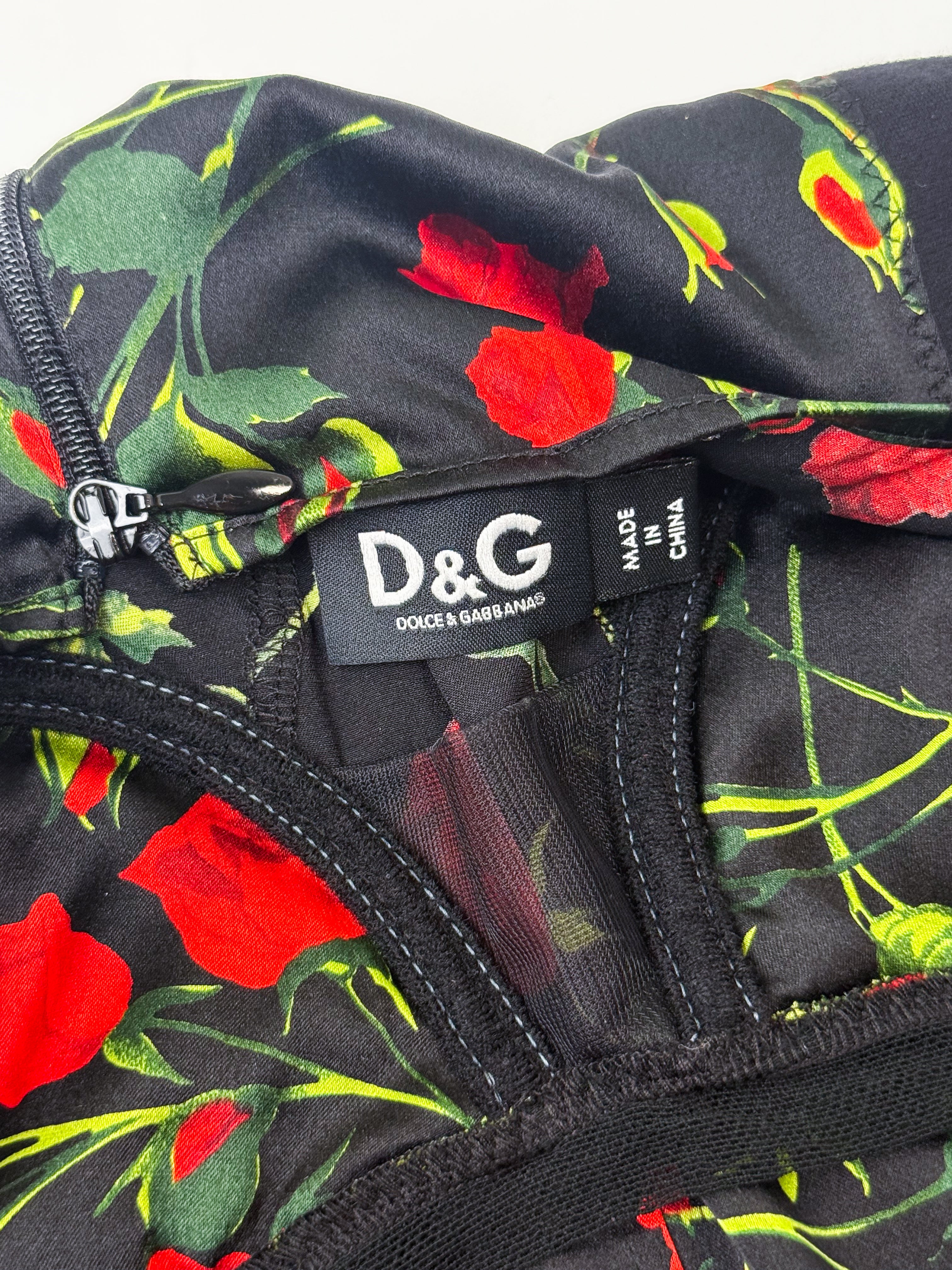 D&G Dolce & Gabbana 2000s Red Rose Print Silk Bustier Cami - M