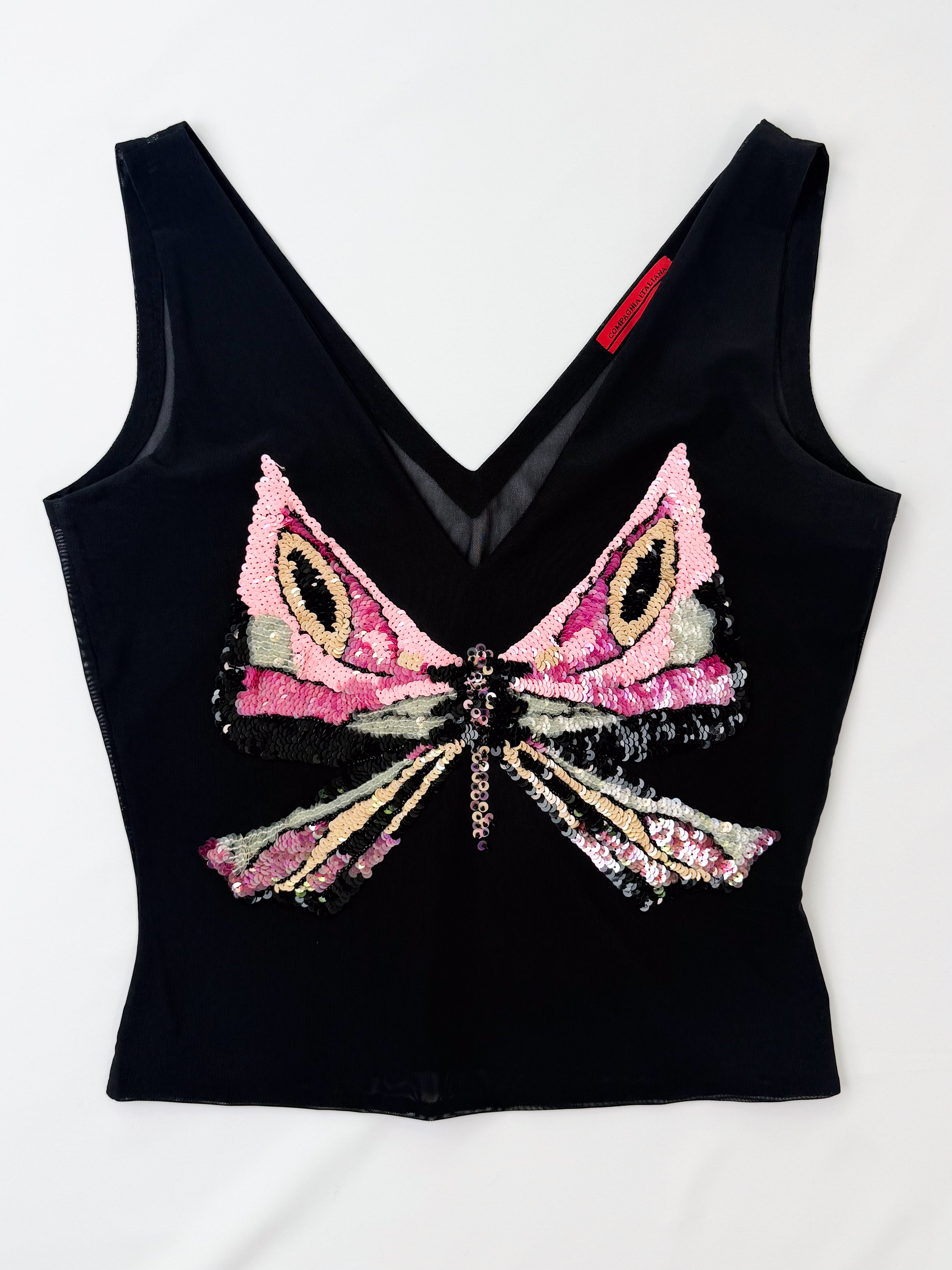 Compagnia Italiana 2000s Black Butterfly Sequin Tank Top - S