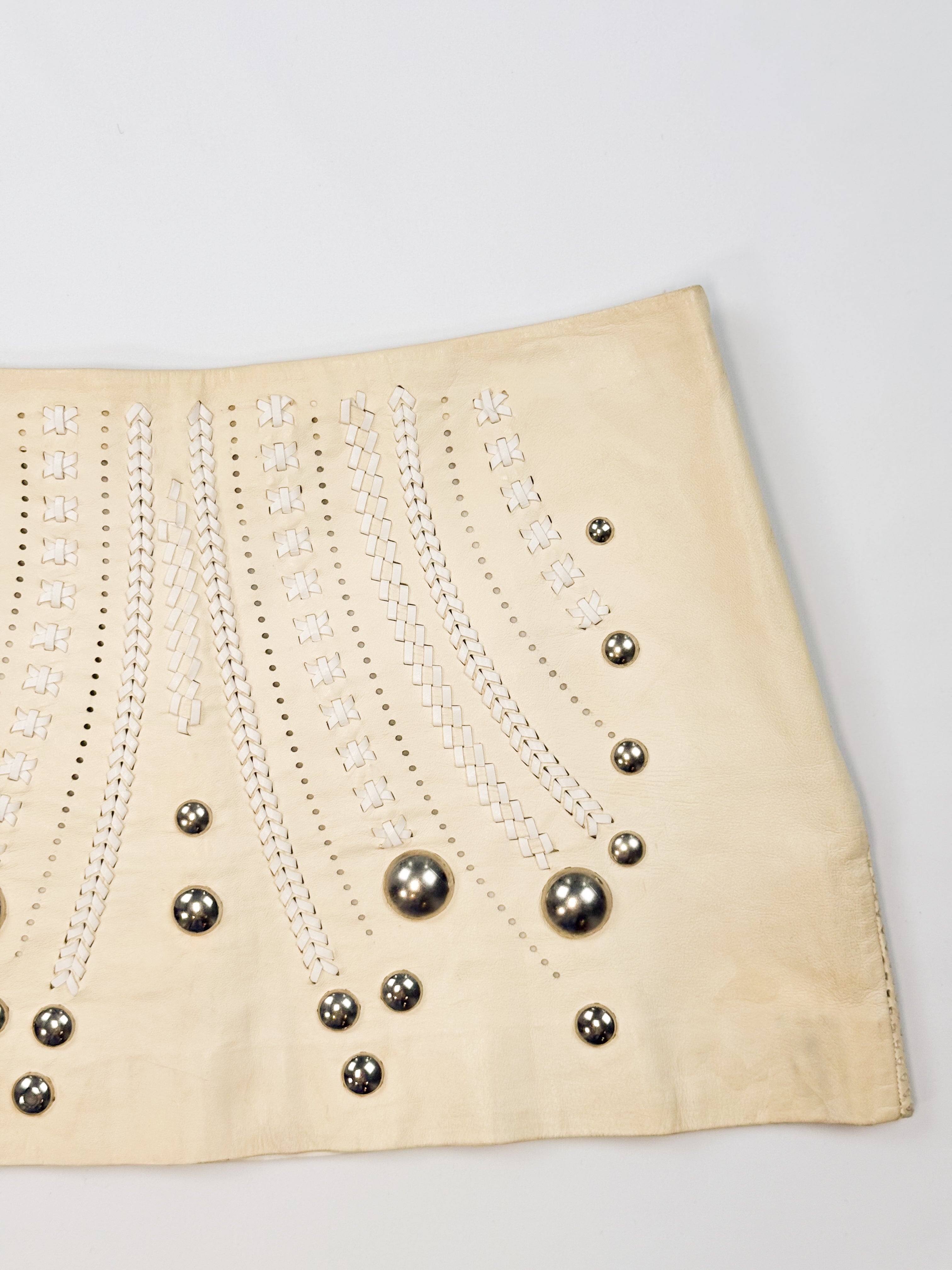 Versace SS 2010 Cream Studded Leather Perforated Mini Skirt - XXS/XS