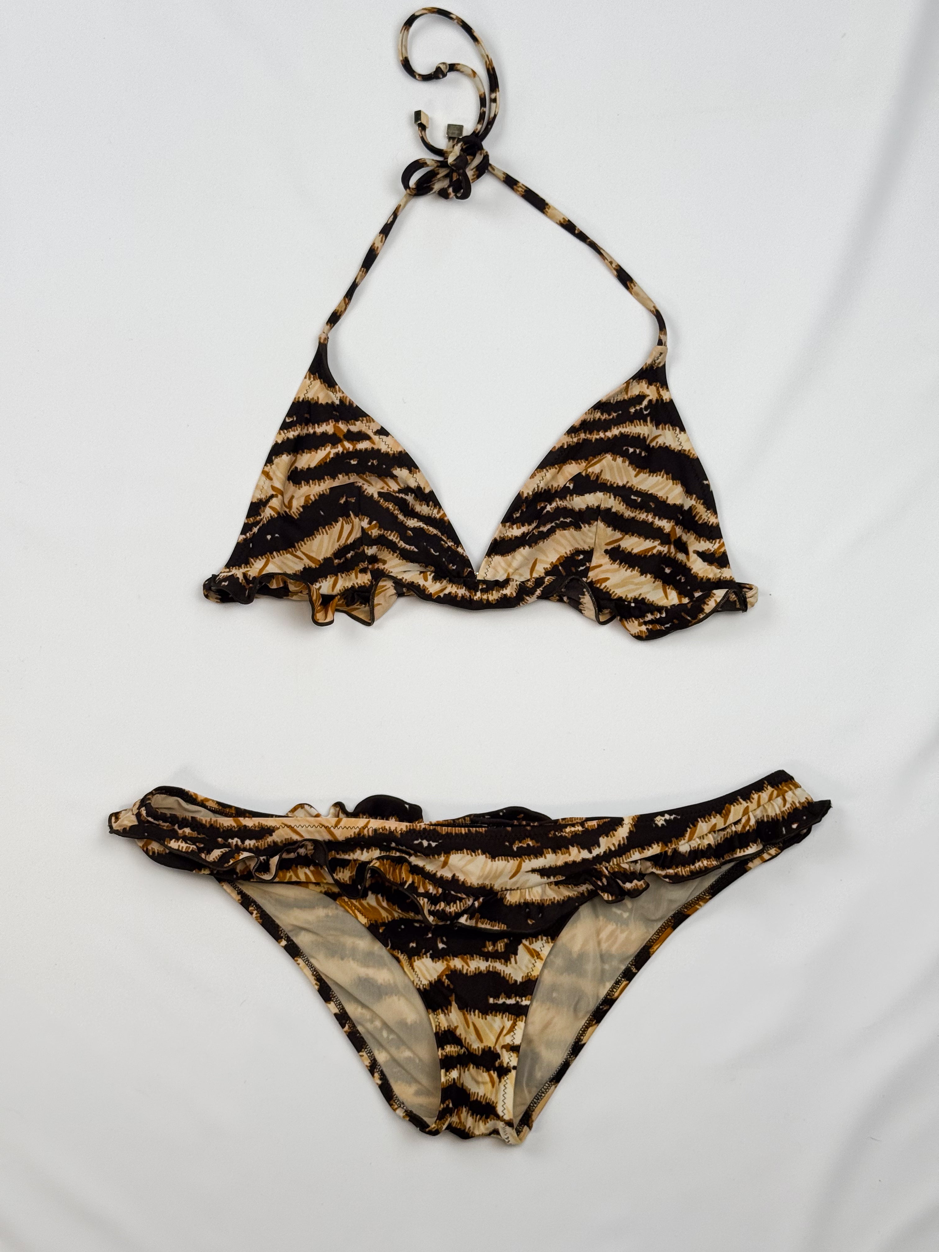 D&G Dolce & Gabbana 2000s Tiger Print Ruffle Halter Bikini Set - S/M