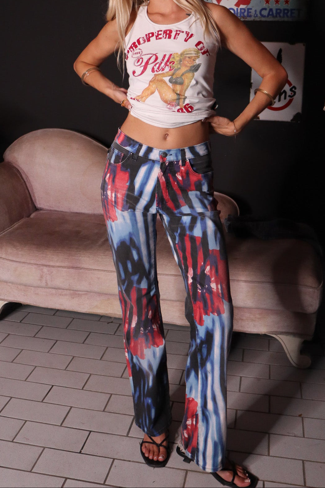 Just Cavalli 2000s Red & Blue Brushstroke Print Jeans