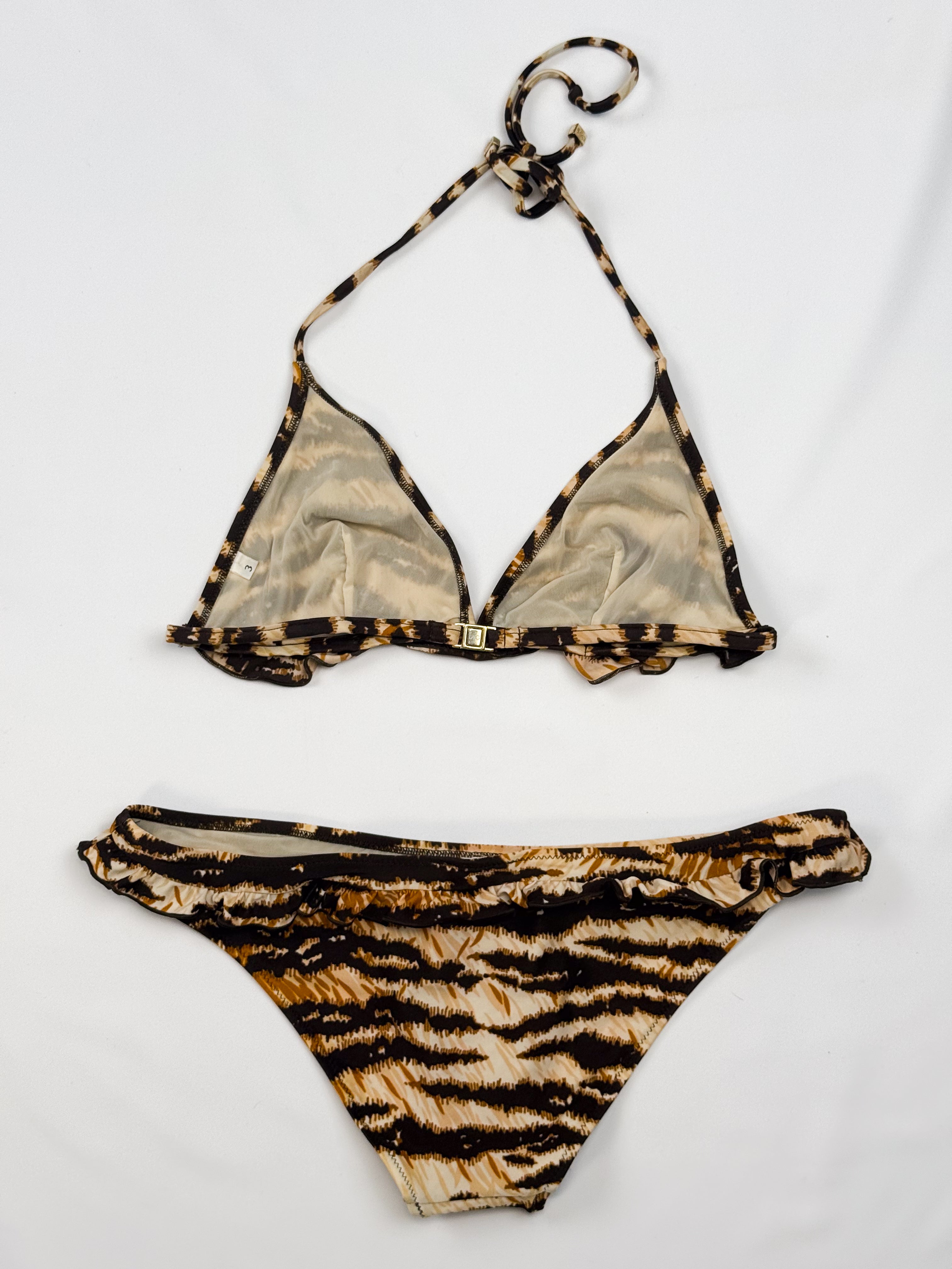 D&G Dolce & Gabbana 2000s Tiger Print Ruffle Halter Bikini Set - S/M