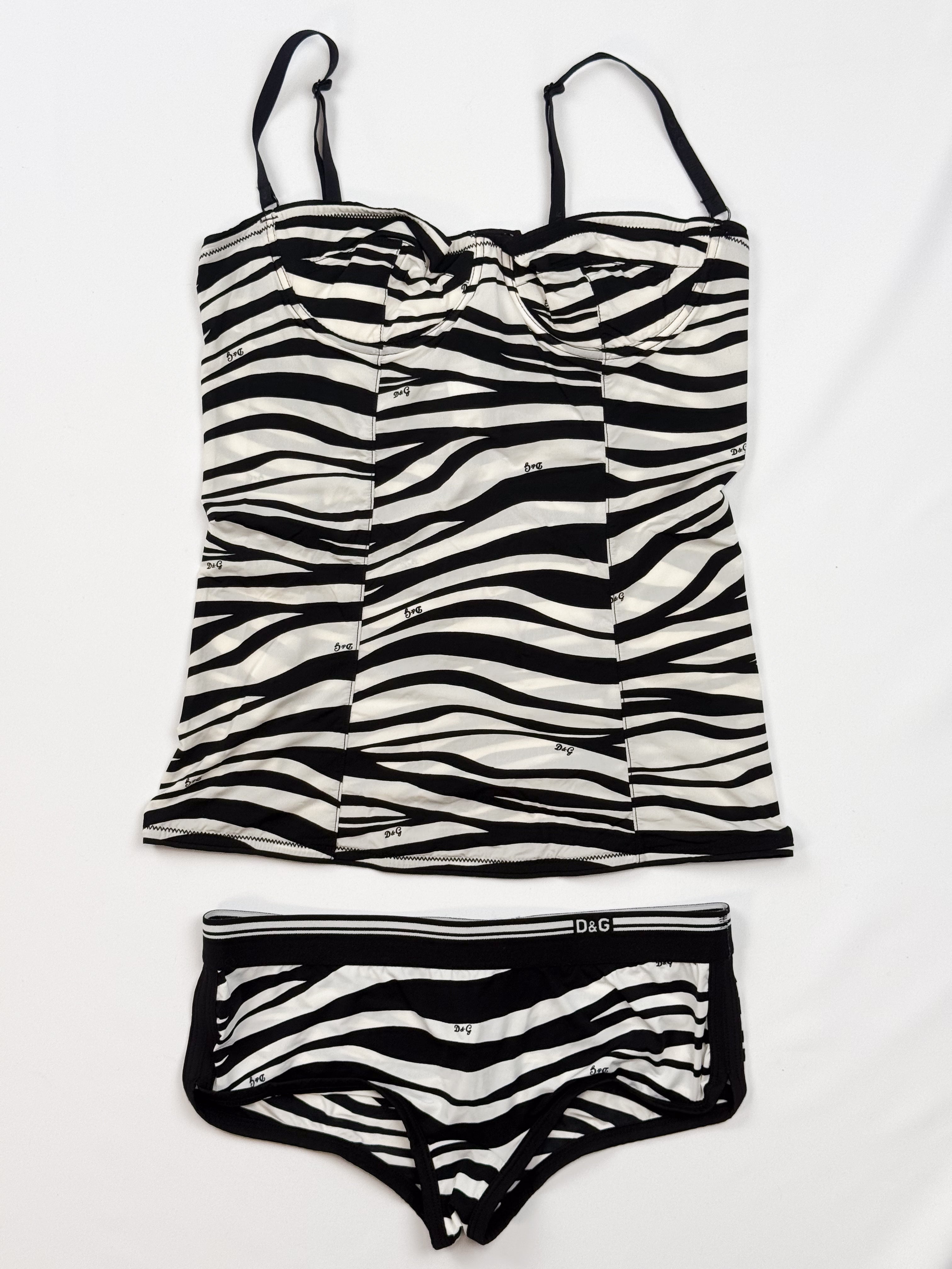 D&G Dolce & Gabbana 2000s Zebra Logo Print Bustier Cami and Brief Set - XS/S