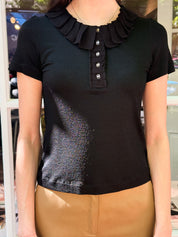 Salvatore Ferragamo 2000s Black Pleated Ruffle Collar Gold Hardware Button Top - S