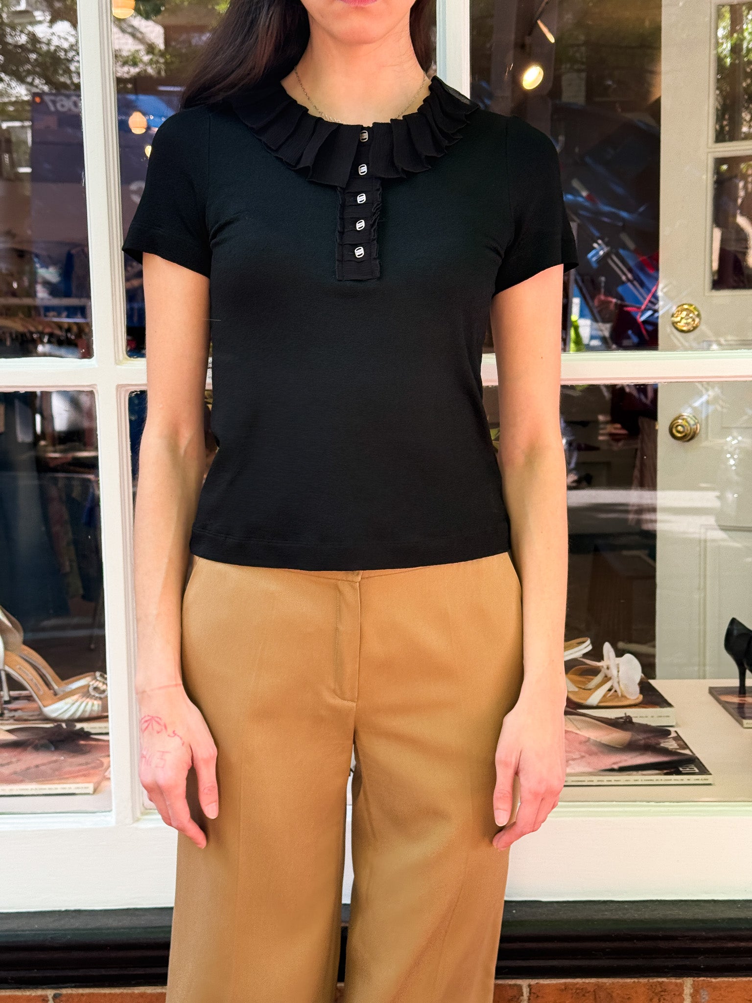 Salvatore Ferragamo 2000s Black Pleated Ruffle Collar Gold Hardware Button Top - S