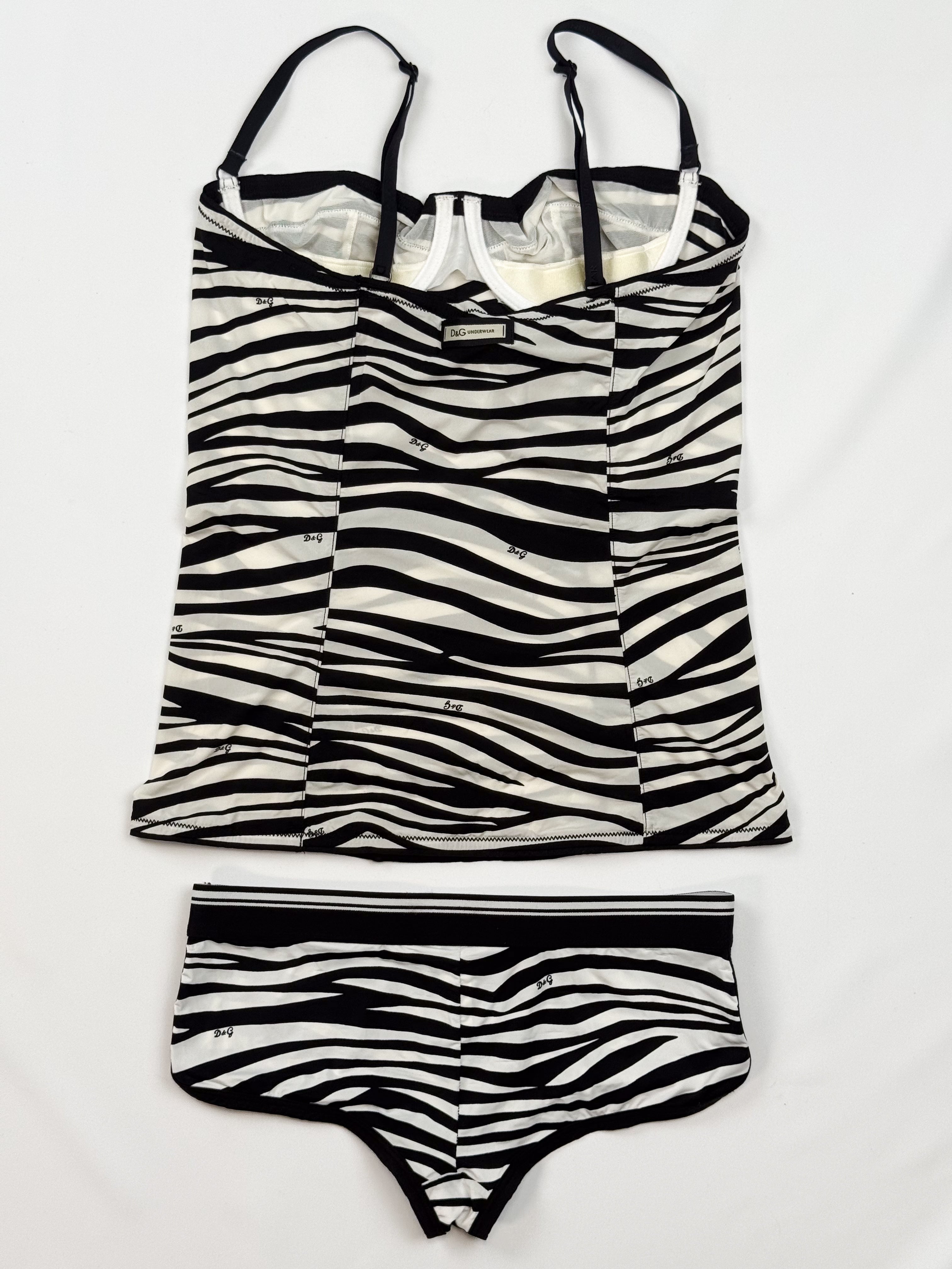 D&G Dolce & Gabbana 2000s Zebra Logo Print Bustier Cami and Brief Set - XS/S