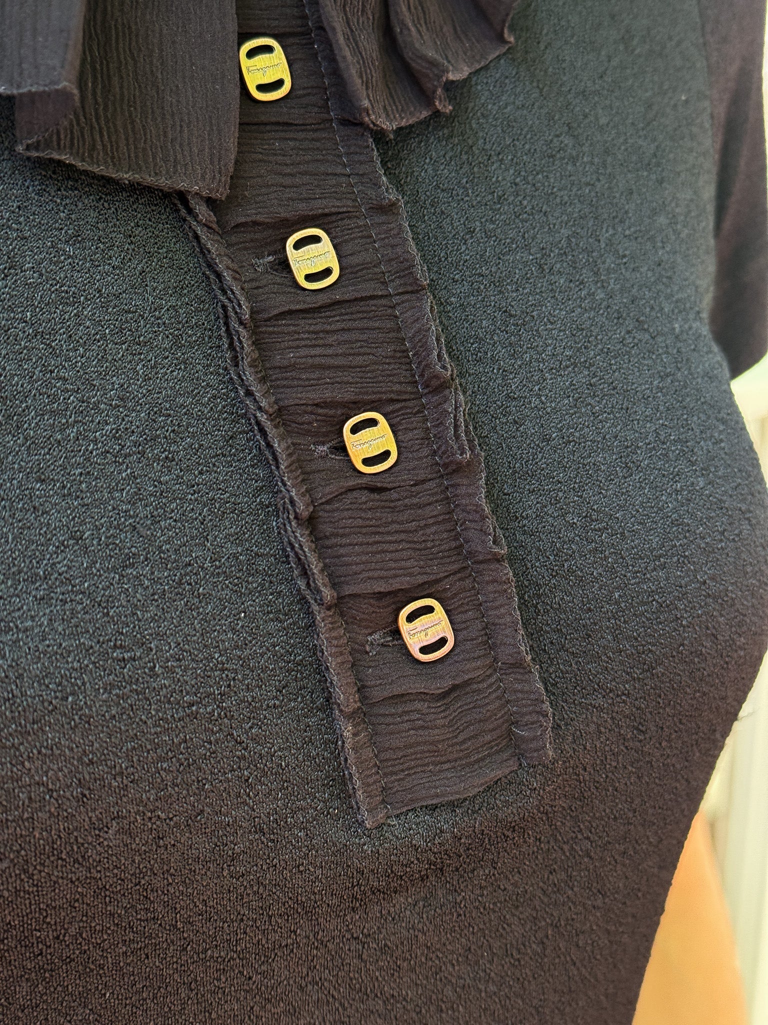 Salvatore Ferragamo 2000s Black Pleated Ruffle Collar Gold Hardware Button Top - S