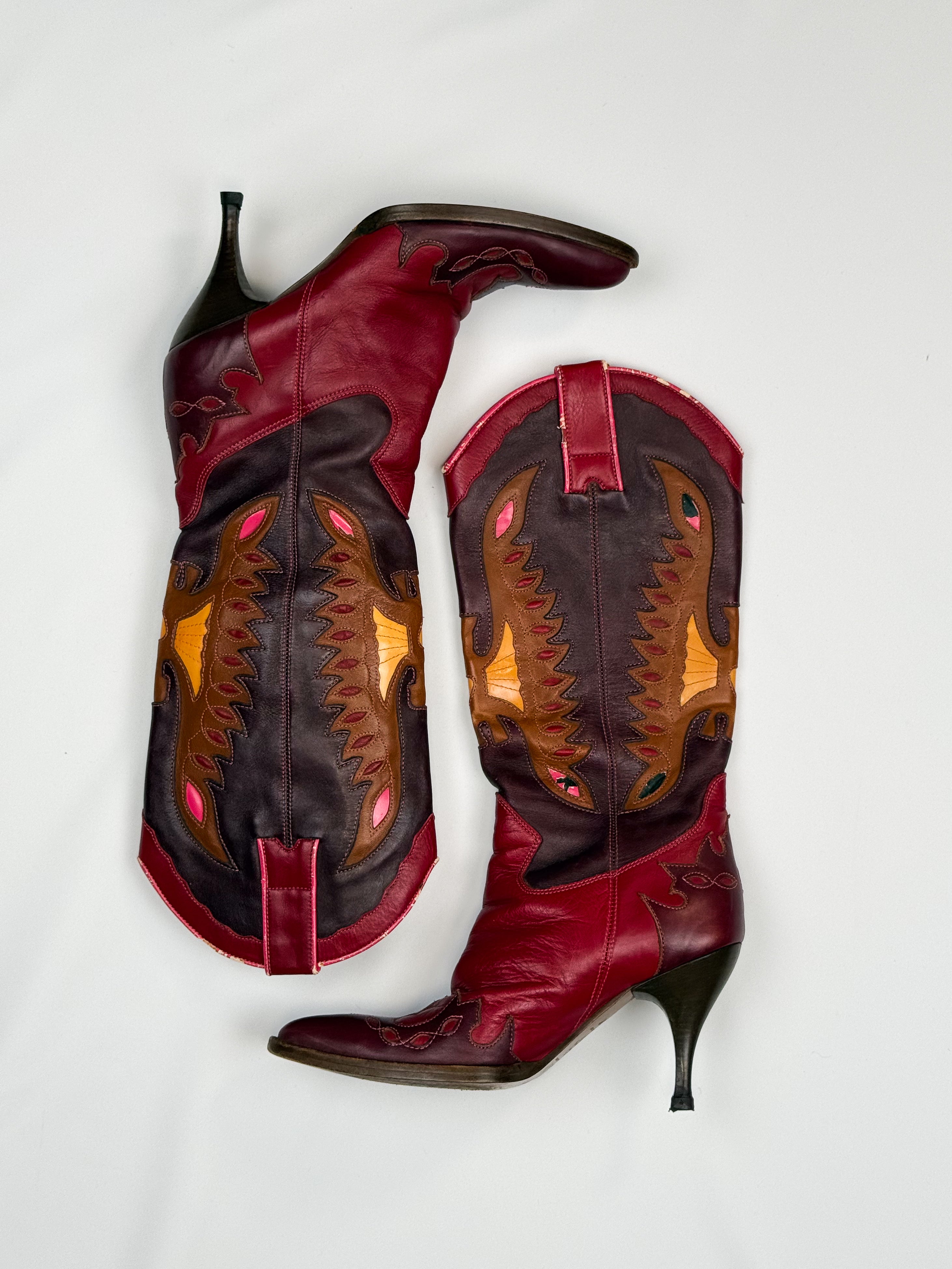 D&G Dolce & Gabbana SS 2004 Red Leather Butterfly Inlay Western Knee-High Boots - 37
