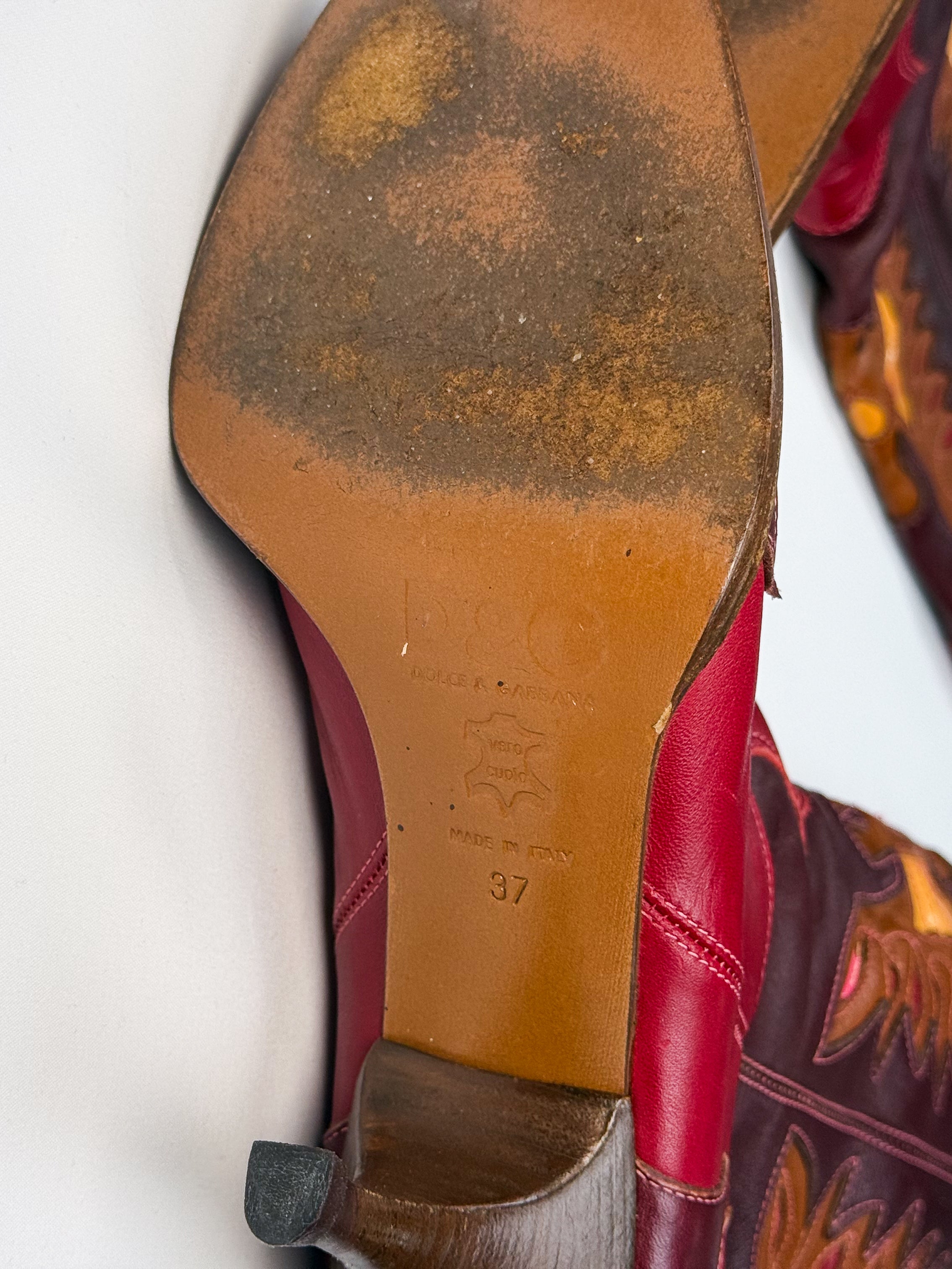 D&G Dolce & Gabbana SS 2004 Red Leather Butterfly Inlay Western Knee-High Boots - 37