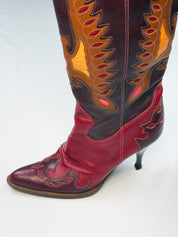 D&G Dolce & Gabbana SS 2004 Red Leather Butterfly Inlay Western Knee-High Boots - 37