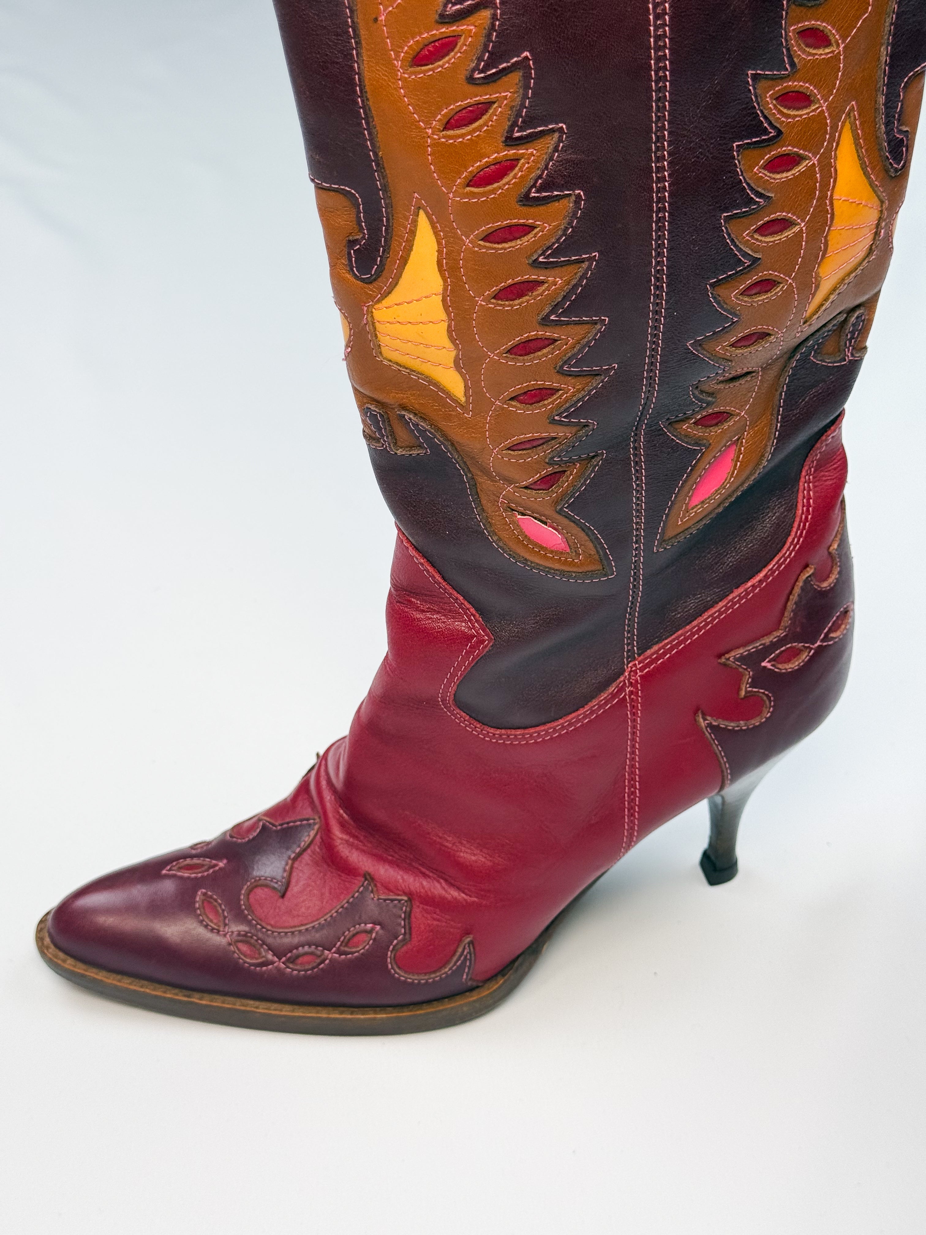 D&G Dolce & Gabbana SS 2004 Red Leather Butterfly Inlay Western Knee-High Boots - 37