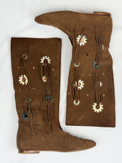 Blumarine SS 2011 Brown Suede Fringe and Concho Flat Knee-High Boots - 37