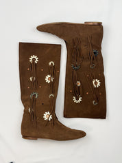 Blumarine SS 2011 Brown Suede Fringe and Concho Flat Knee-High Boots - 37
