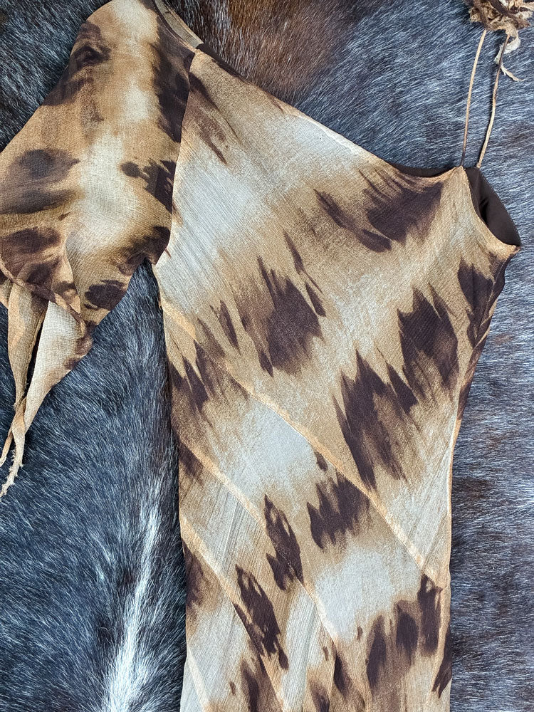 2000s Brown Asymmetrical Tie-Dye Maxi Dress