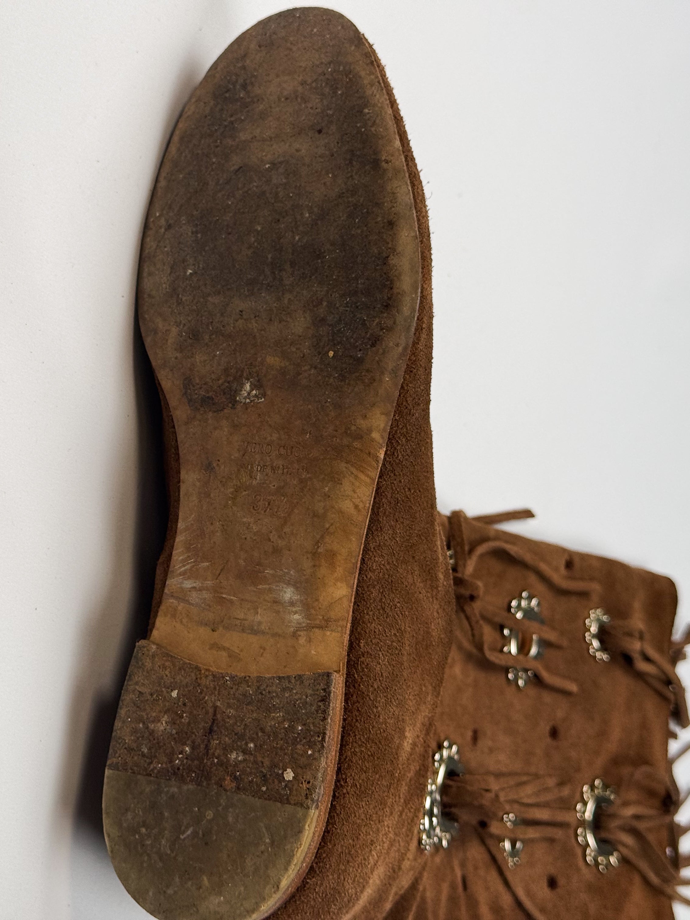 Blumarine SS 2011 Brown Suede Fringe and Concho Flat Knee-High Boots - 37
