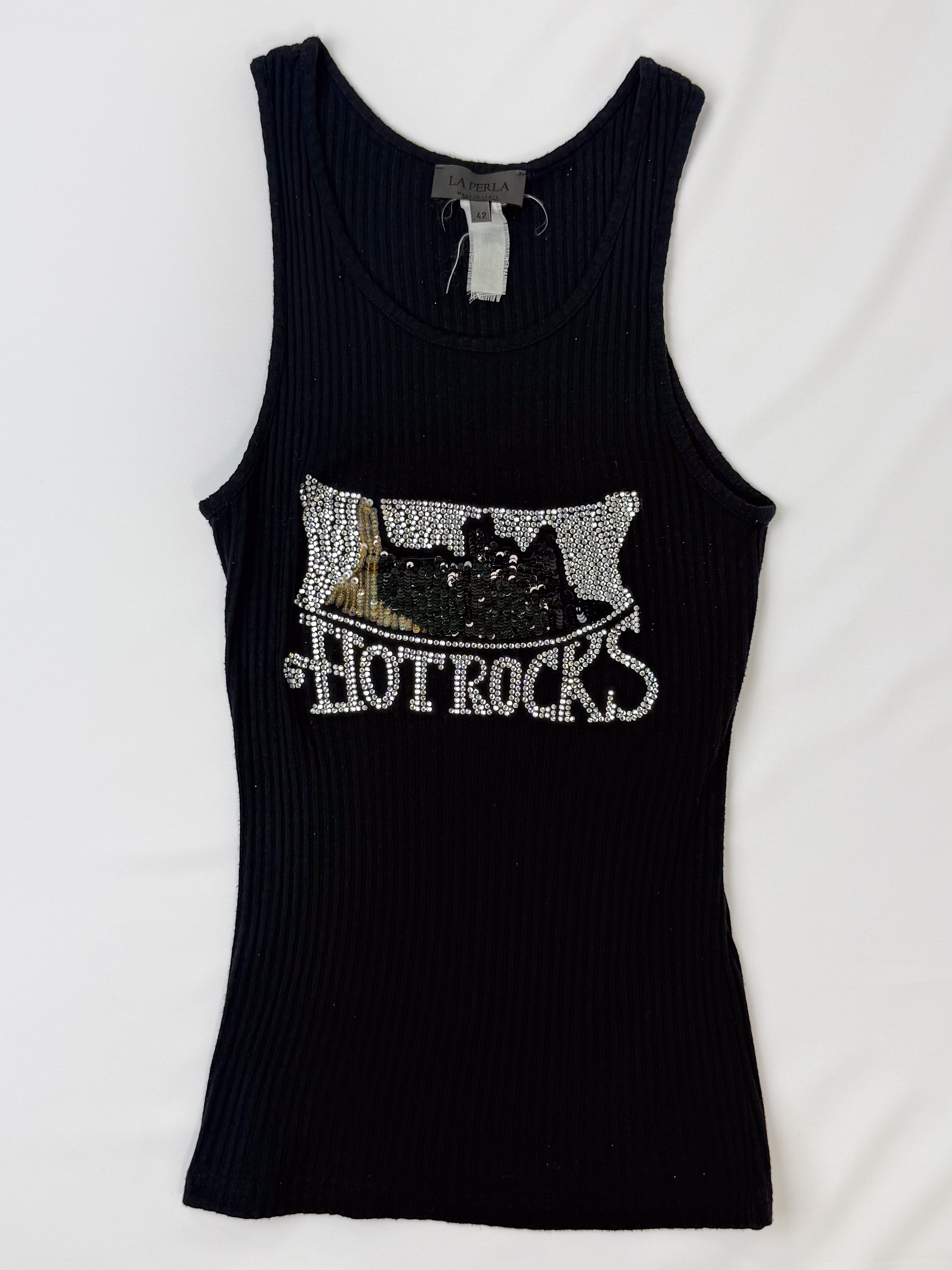 La Perla 2000s Black Ribbed Hot Rocks Rhinestone Sequin Tank - XS