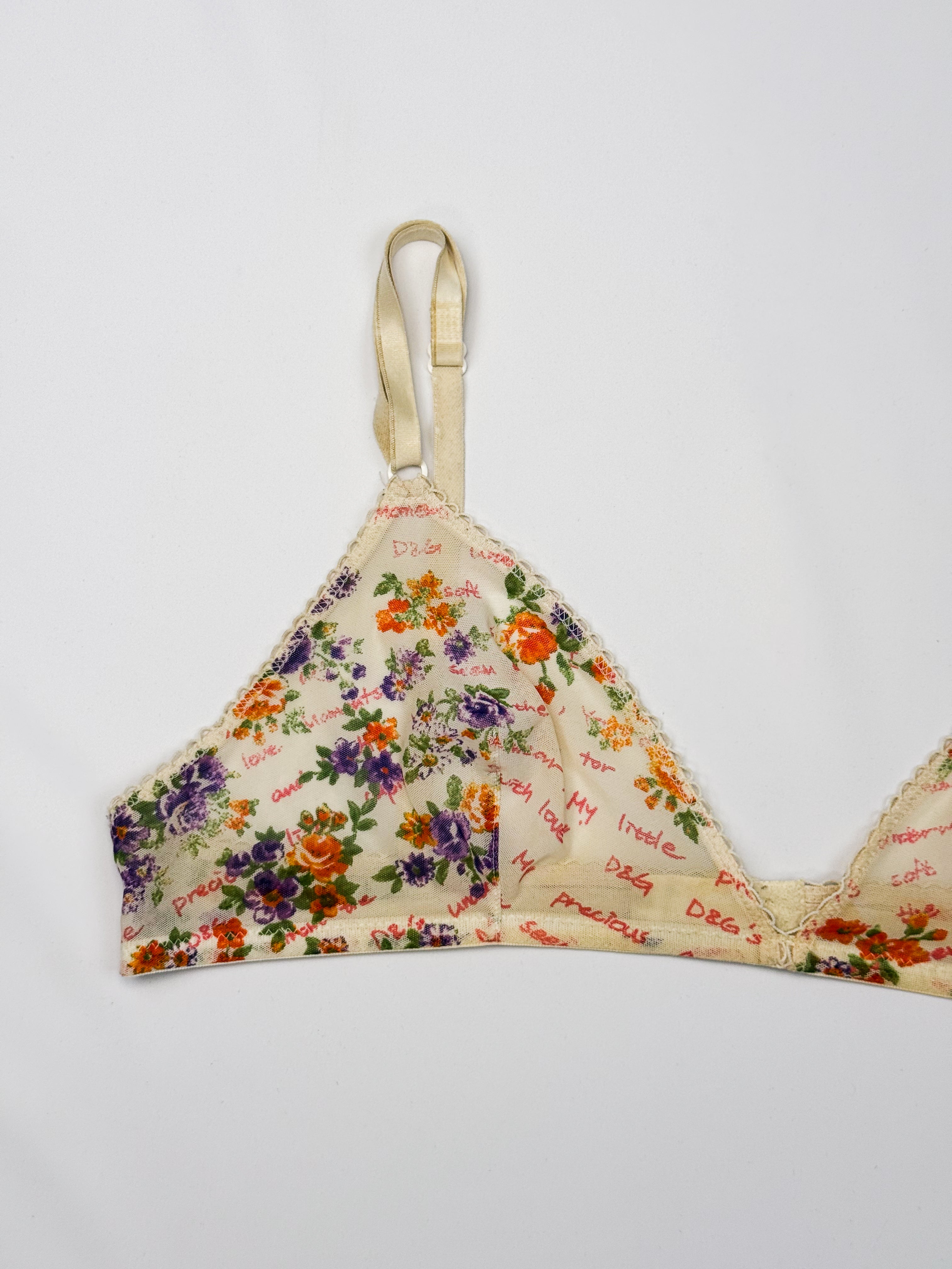 D&G cream mesh bralette with floral and handwritten text print