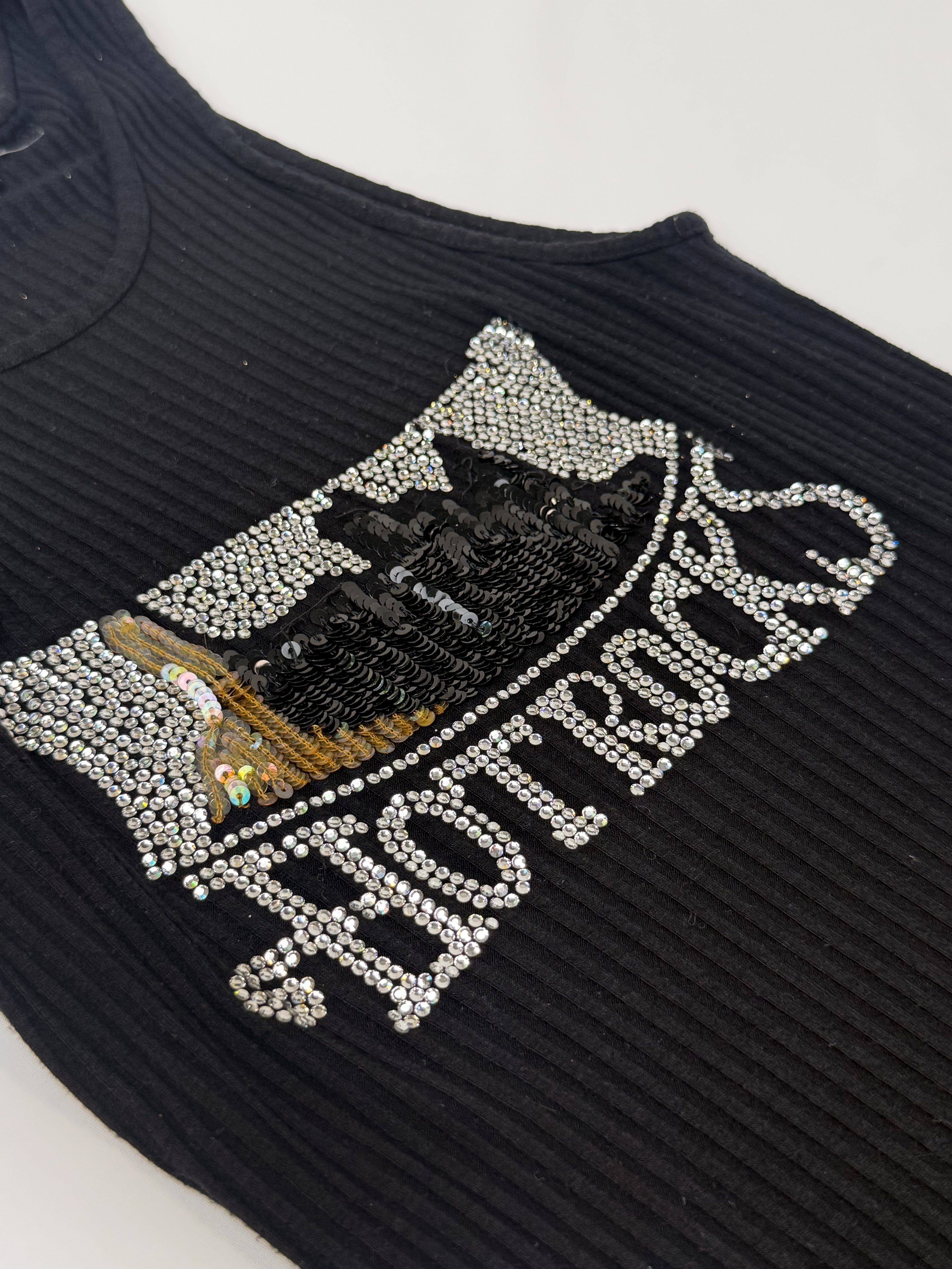 La Perla 2000s Black Ribbed Hot Rocks Rhinestone Sequin Tank - XS