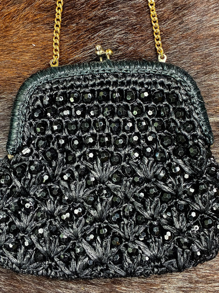 Vintage Black Beaded Crochet Evening Bag