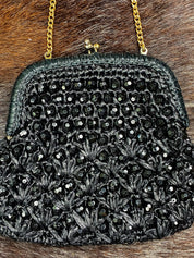 Vintage Black Beaded Crochet Evening Bag