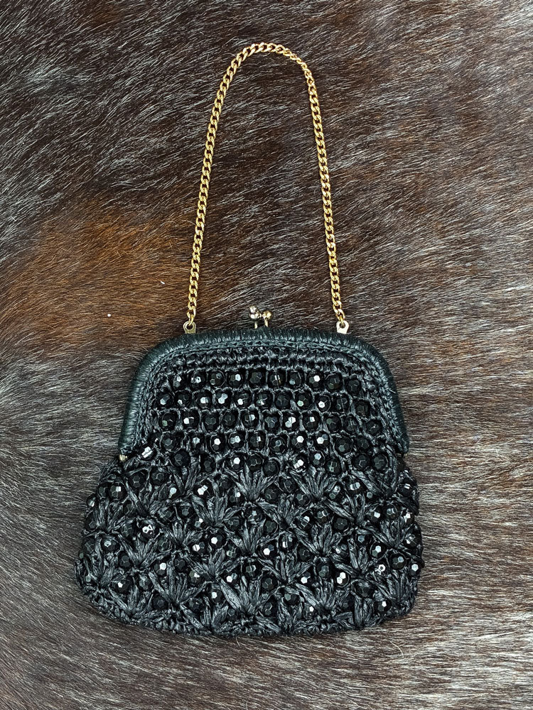 Vintage Black Beaded Crochet Evening Bag