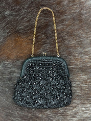 Vintage Black Beaded Crochet Evening Bag