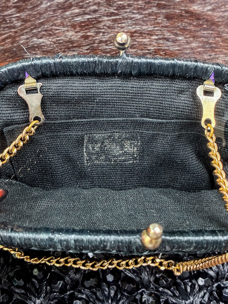 Vintage Black Beaded Crochet Evening Bag