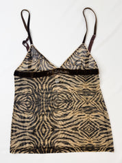 Roberto Cavalli 2000s Tiger Print Mesh Rhinestone Velvet Band Cami - S/M