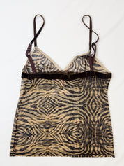 Roberto Cavalli 2000s Tiger Print Mesh Rhinestone Velvet Band Cami - S/M