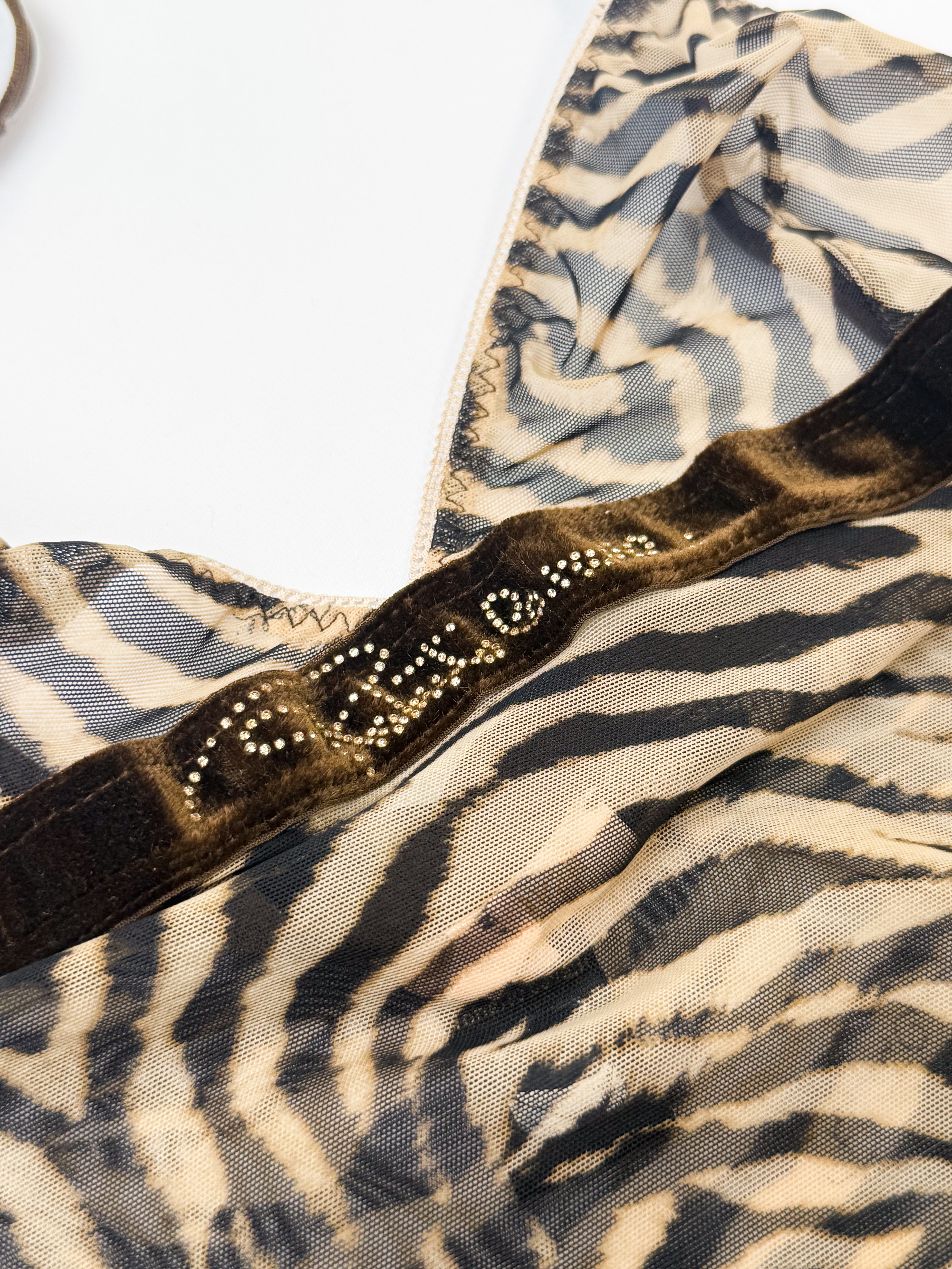 Roberto Cavalli 2000s Tiger Print Mesh Rhinestone Velvet Band Cami - S/M