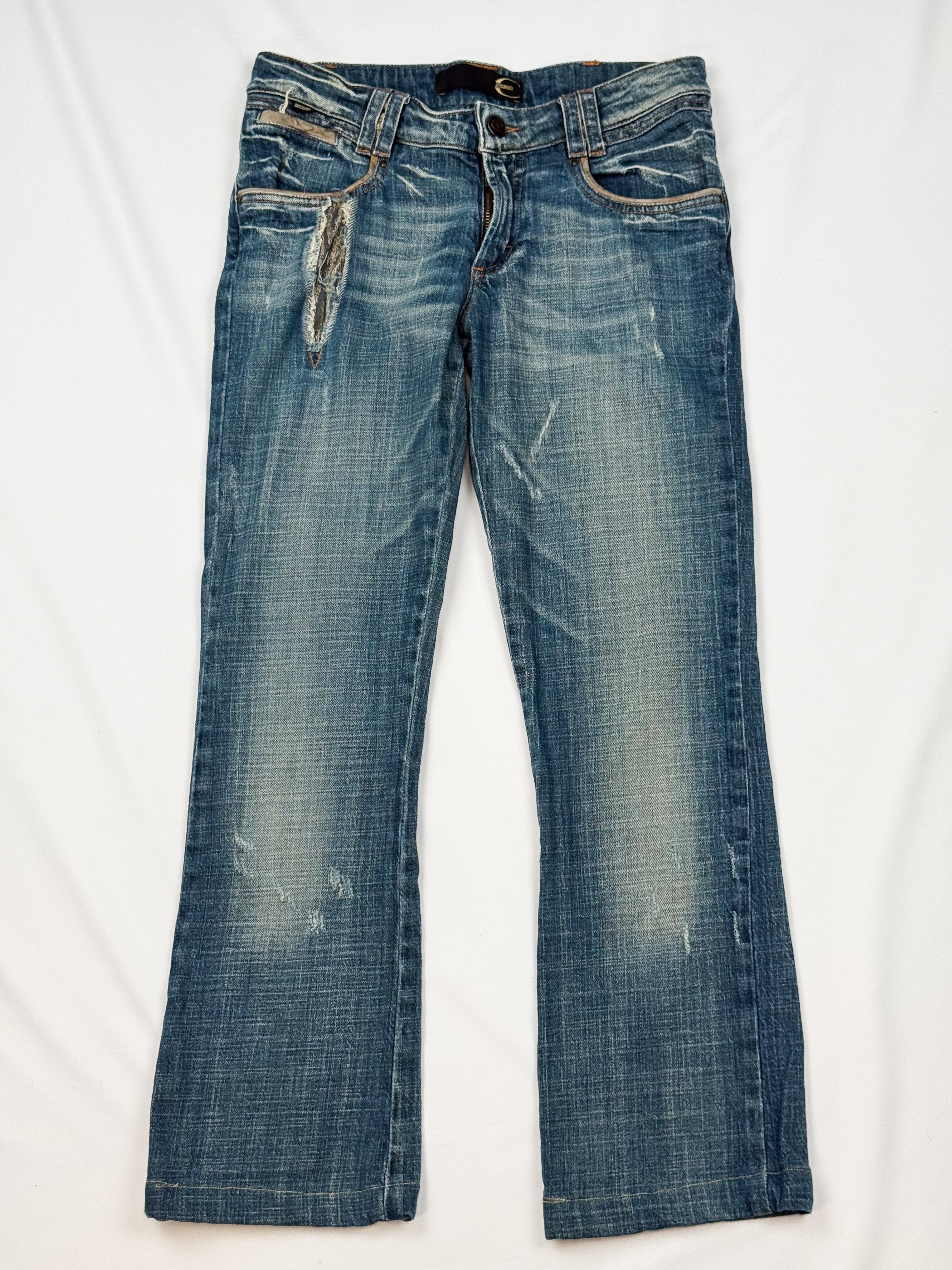Just Cavalli 2000s Medium Wash Distressed Cow Hair Tab Bootcut Jeans - XS, W26