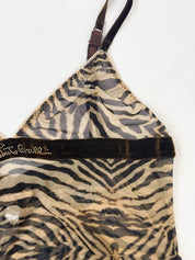 Roberto Cavalli 2000s Tiger Print Mesh Rhinestone Velvet Band Cami - S/M