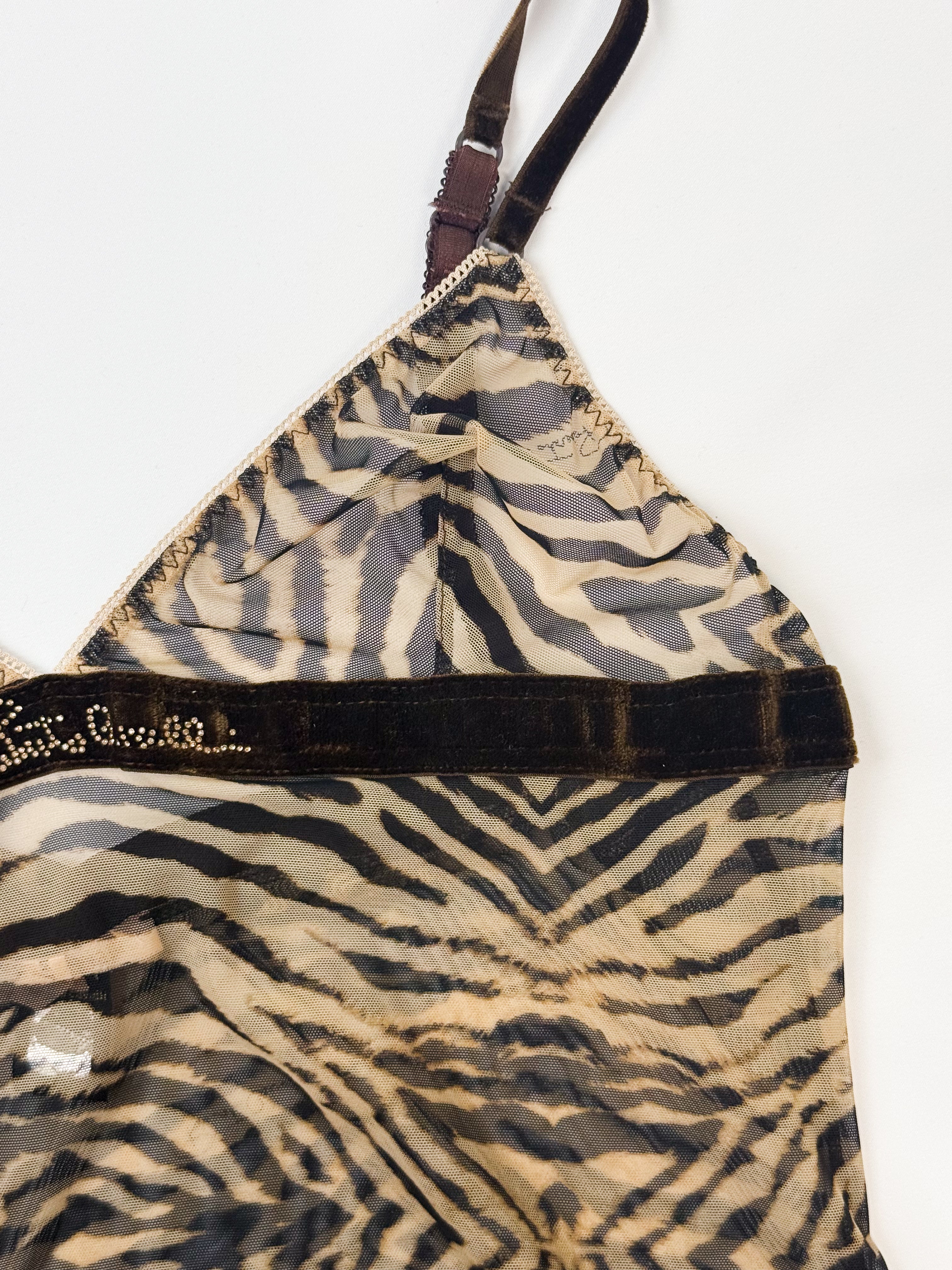 Roberto Cavalli 2000s Tiger Print Mesh Rhinestone Velvet Band Cami - S/M