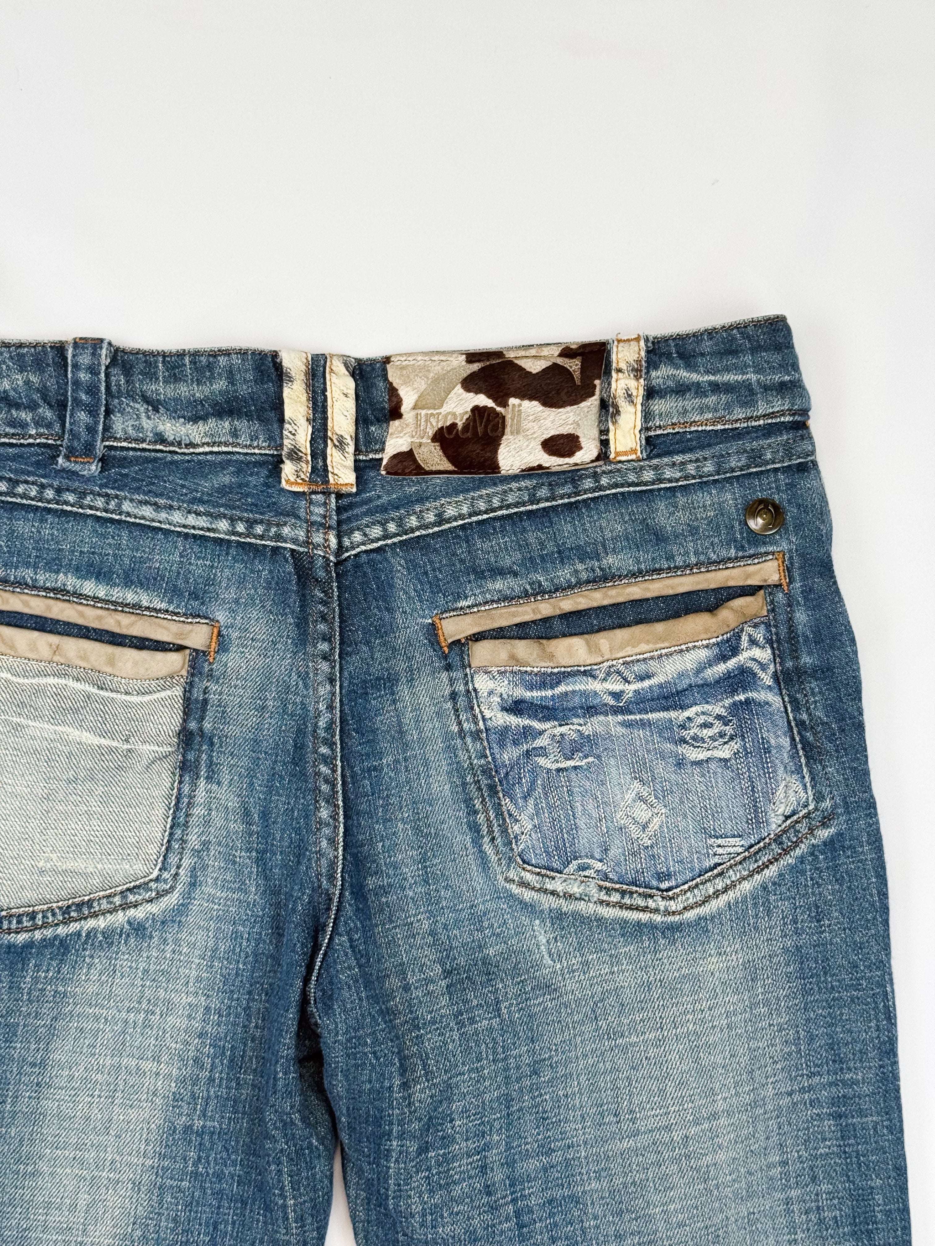 Just Cavalli 2000s Medium Wash Distressed Cow Hair Tab Bootcut Jeans - XS, W26