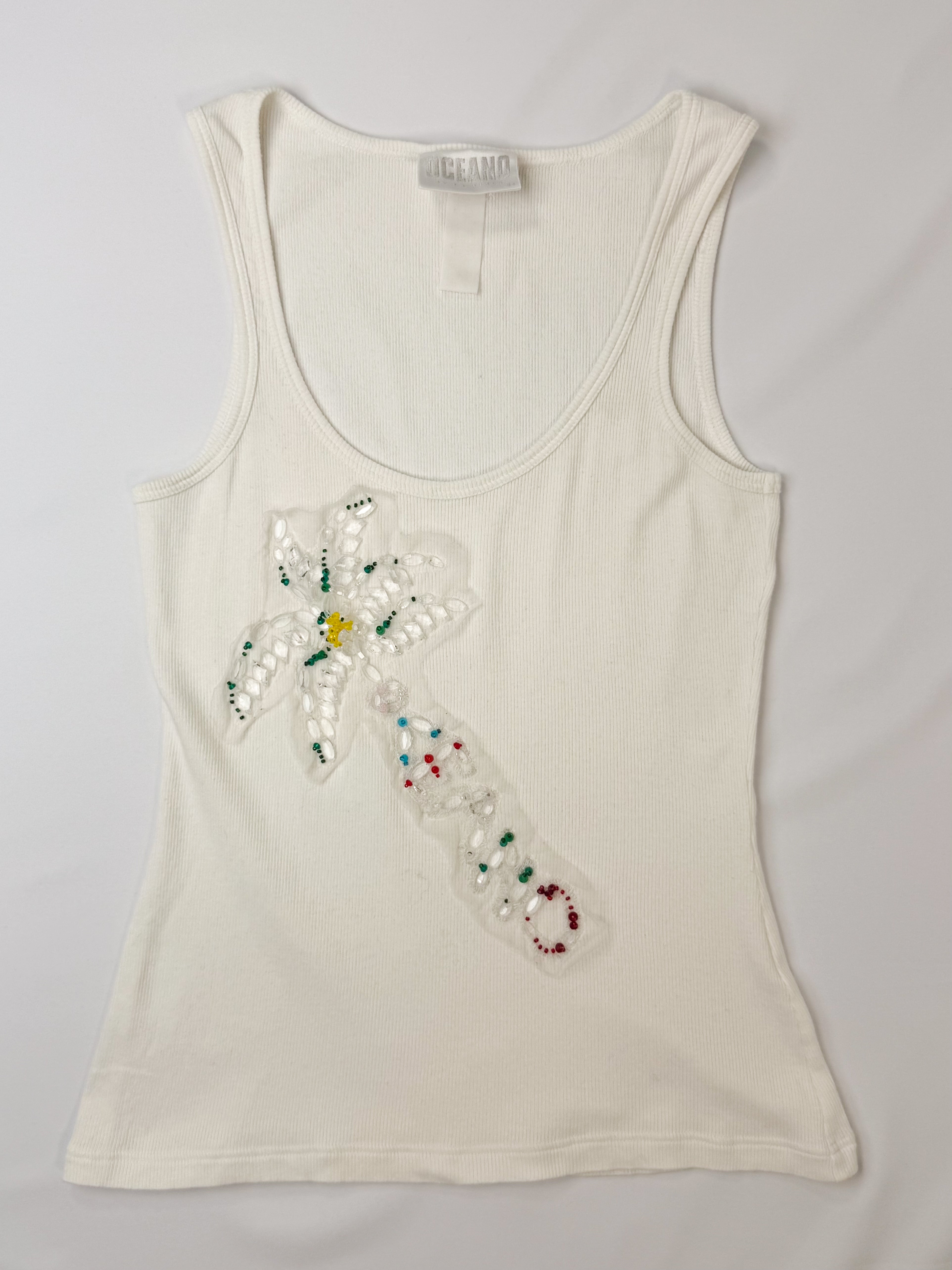 Oceano by La Perla 2000s White Ribbed Beaded Palm Tree Tank - XS/S