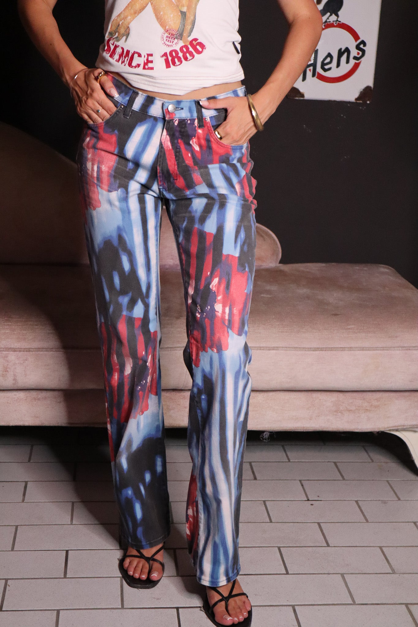 Just Cavalli 2000s Red & Blue Brushstroke Print Jeans