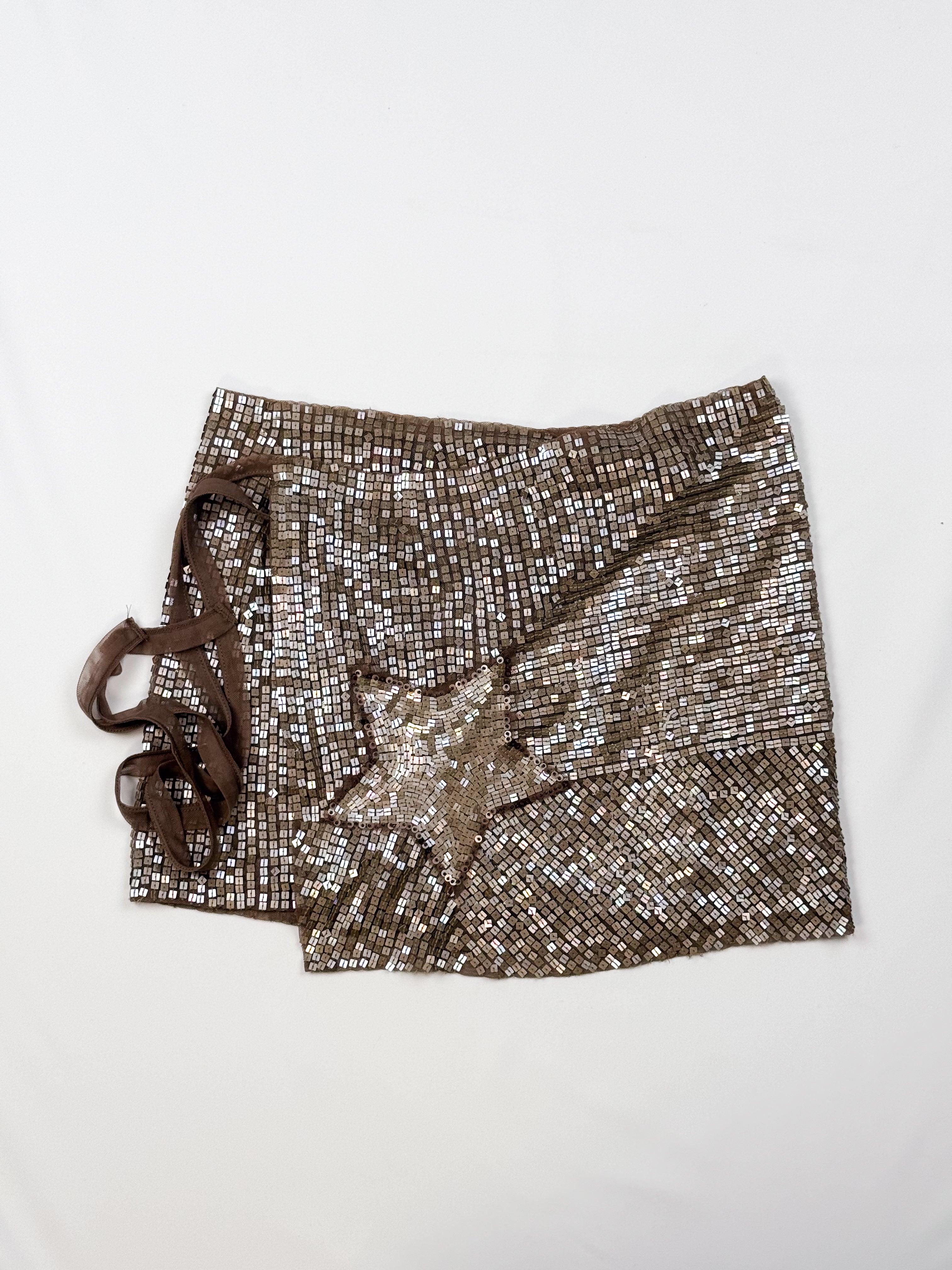 Sama Sama 2000s bronze iridescent square sequin asymmetric wrap mini skirt