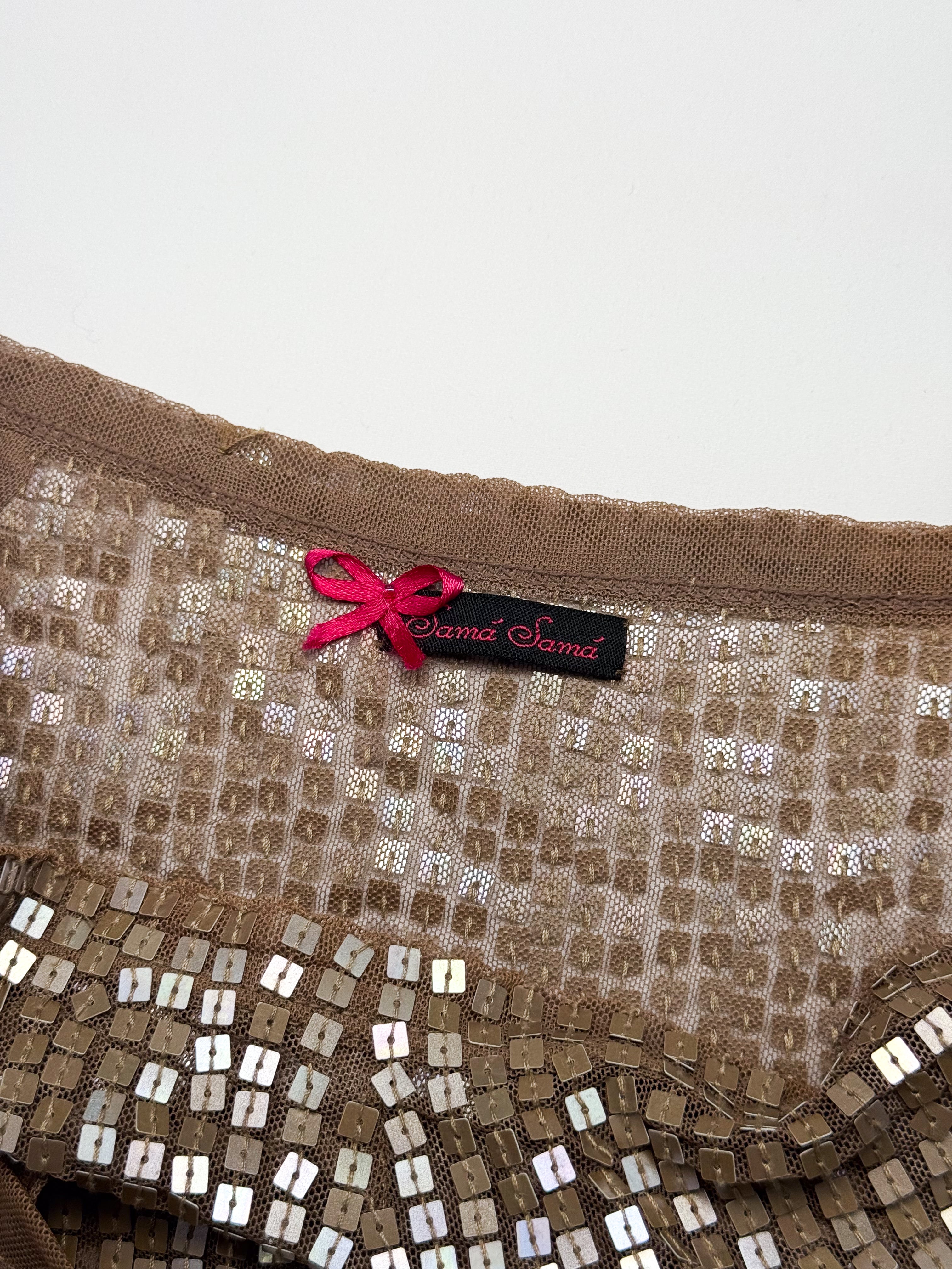 Iridescent square sequin wrap skirt, Y2K, ribbon tie