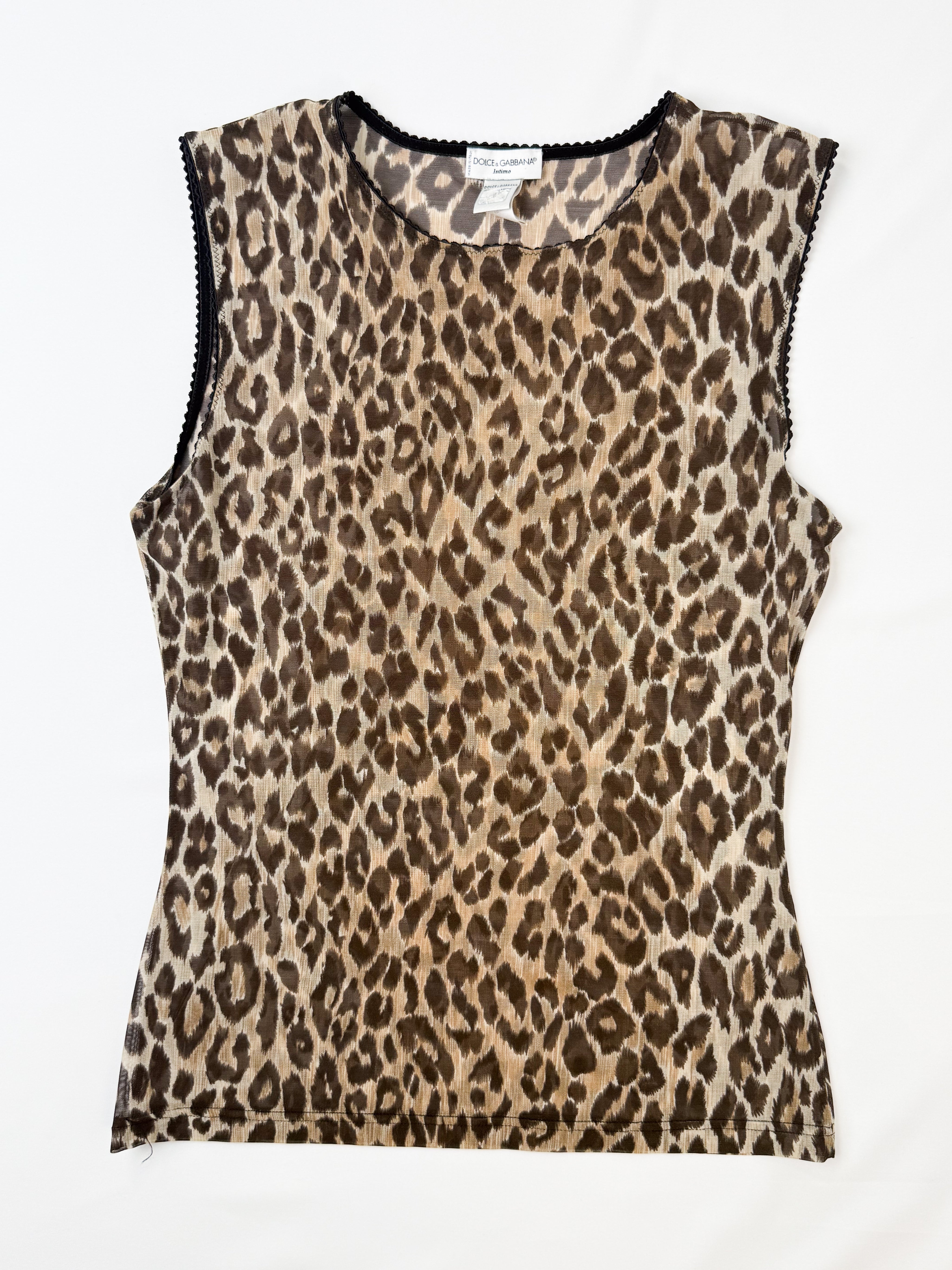 Dolce & Gabbana Intimo 1990s Leopard Print Scallop Trim Mesh Tank - S