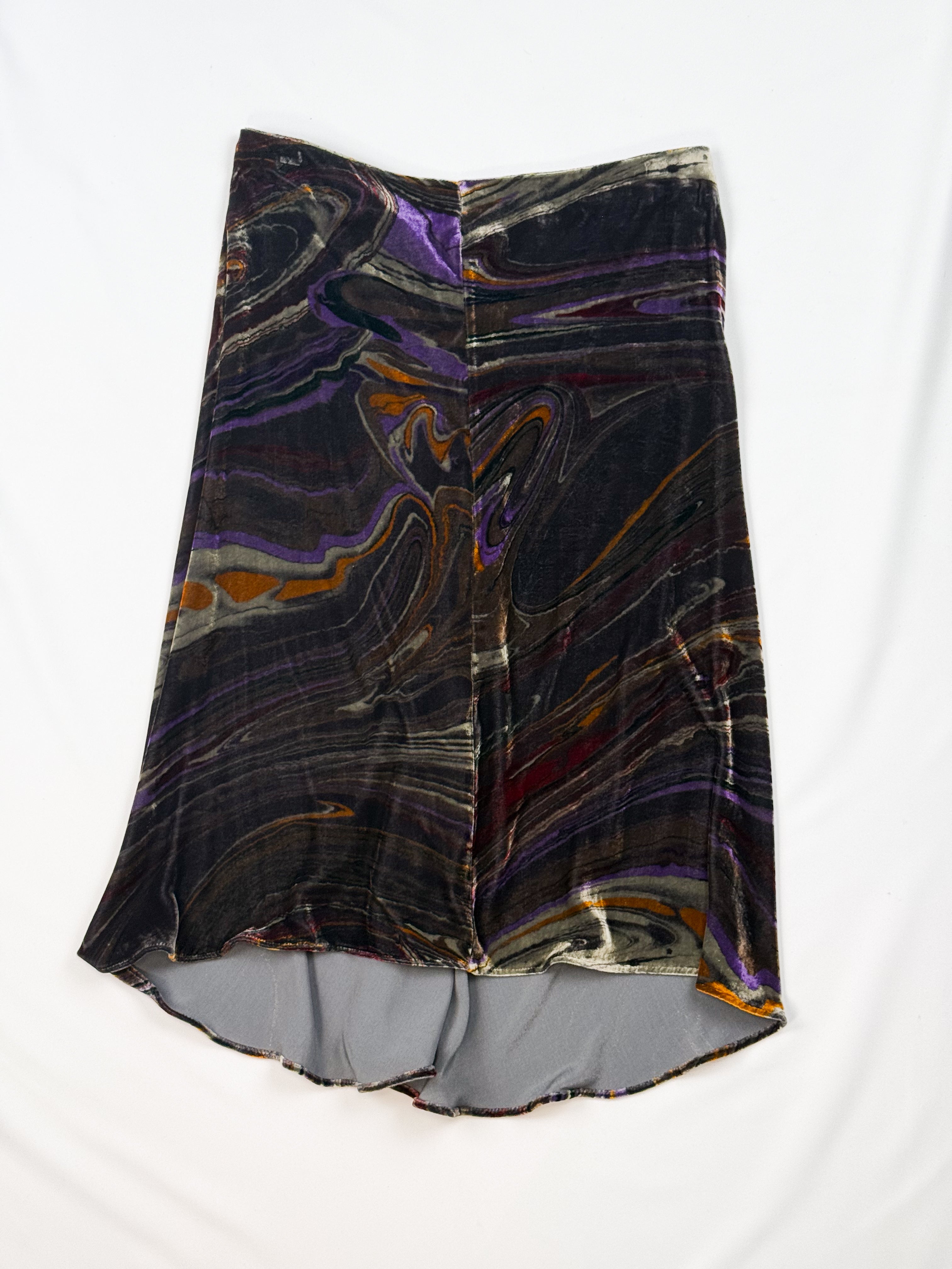 Etro velvet skirt marble swirl print detail in black, purple, amber and burgundy