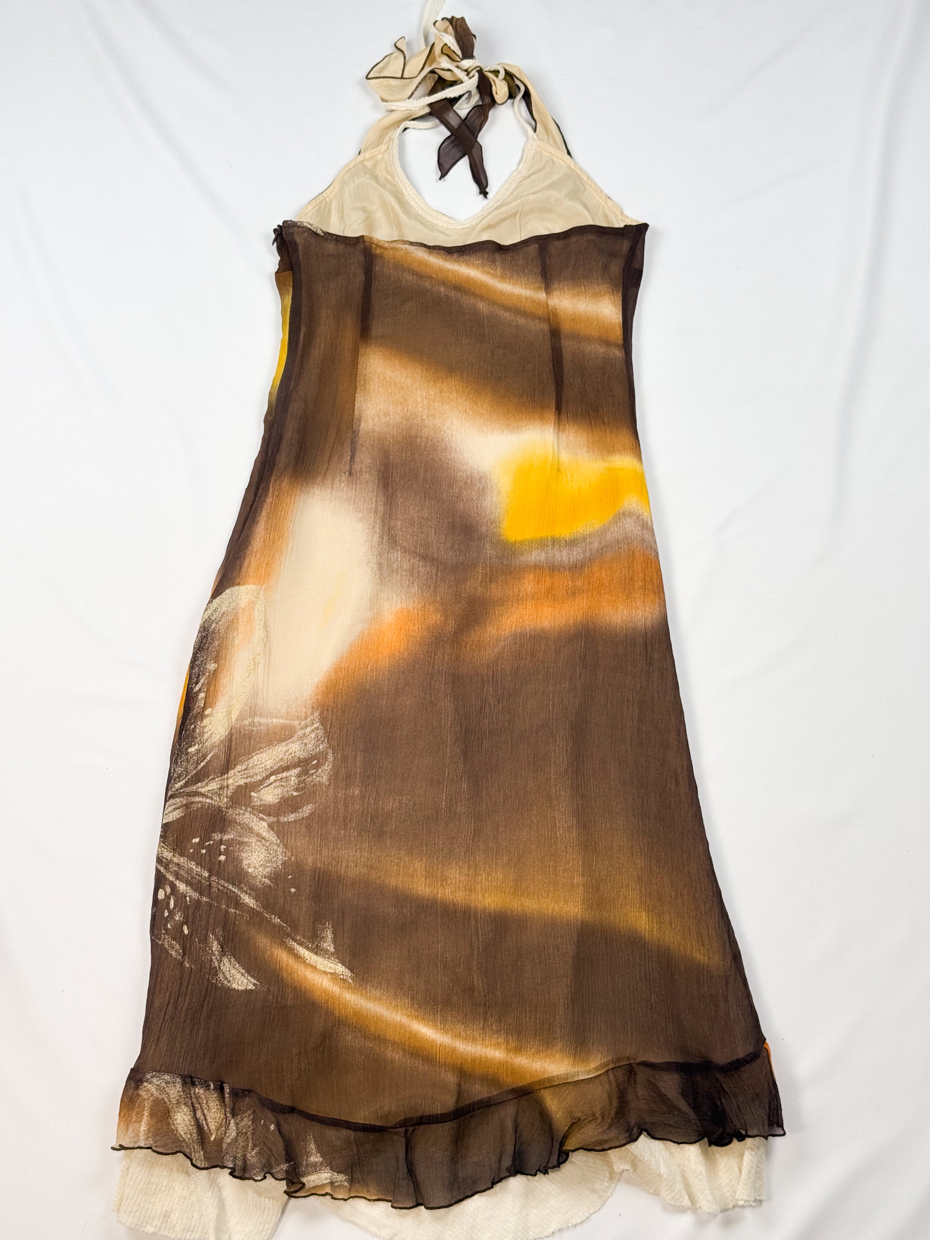 Beatrice .b 2000s Brown Sunset Lily Print Silk Halter Midi Dress - S/M