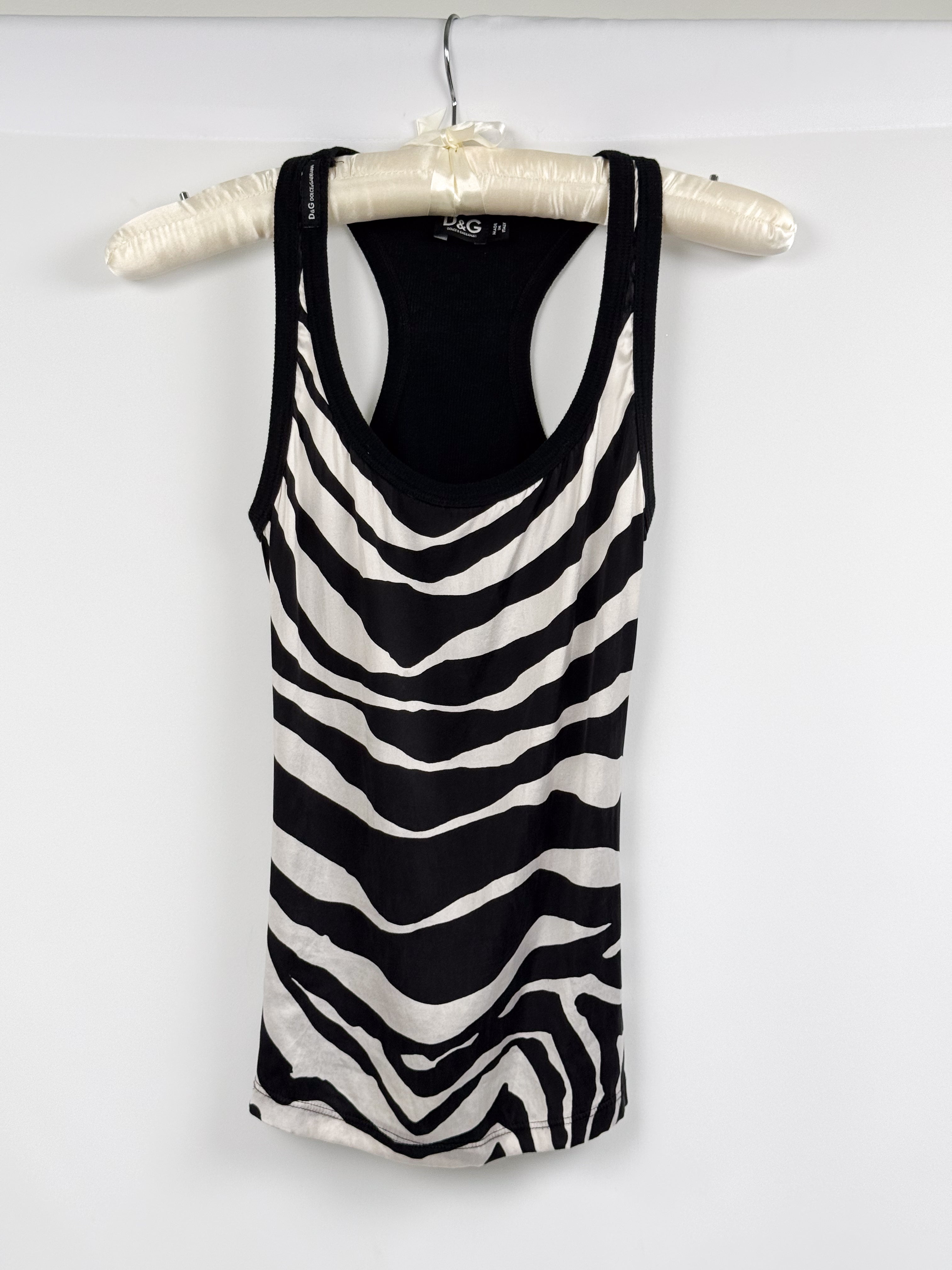D&G Dolce & Gabbana 2000s Black and Cream Zebra Print Silk Racerback Tank - XS/S