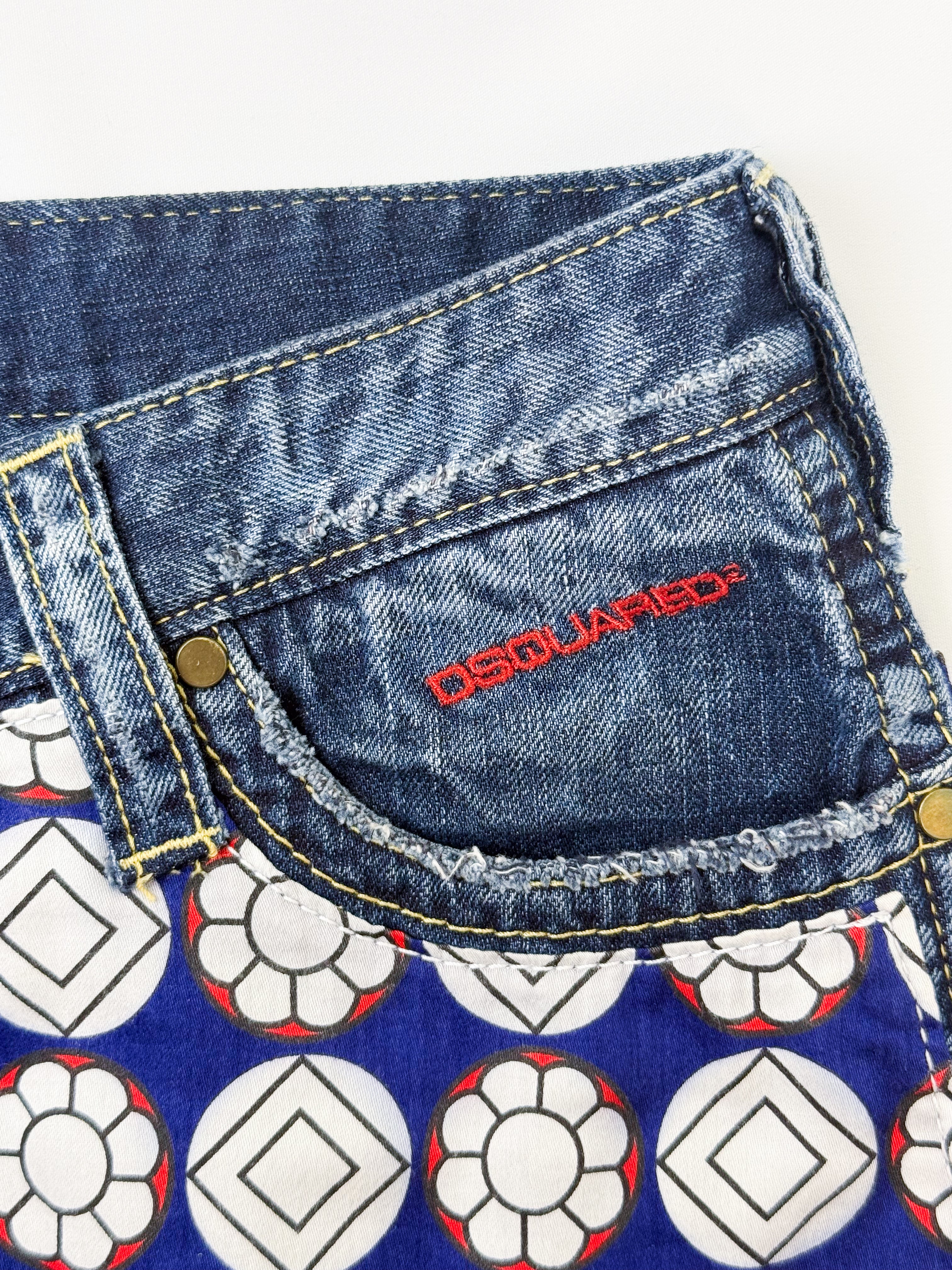 Dsquared2 2000s Geometric Floral Print Panel Micro Mini Denim Skirt - W34