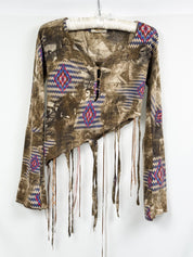 Voyage 1990s Photo Collage Kilim Print Fringe Bell Sleeve Top - XS/S