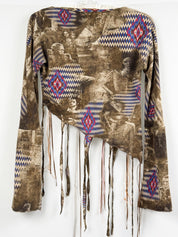 Voyage 1990s Photo Collage Kilim Print Fringe Bell Sleeve Top - XS/S