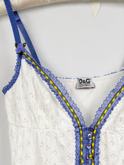D&G Dolce & Gabbana 2000s White Eyelet Blue Lace Trim Cami - S