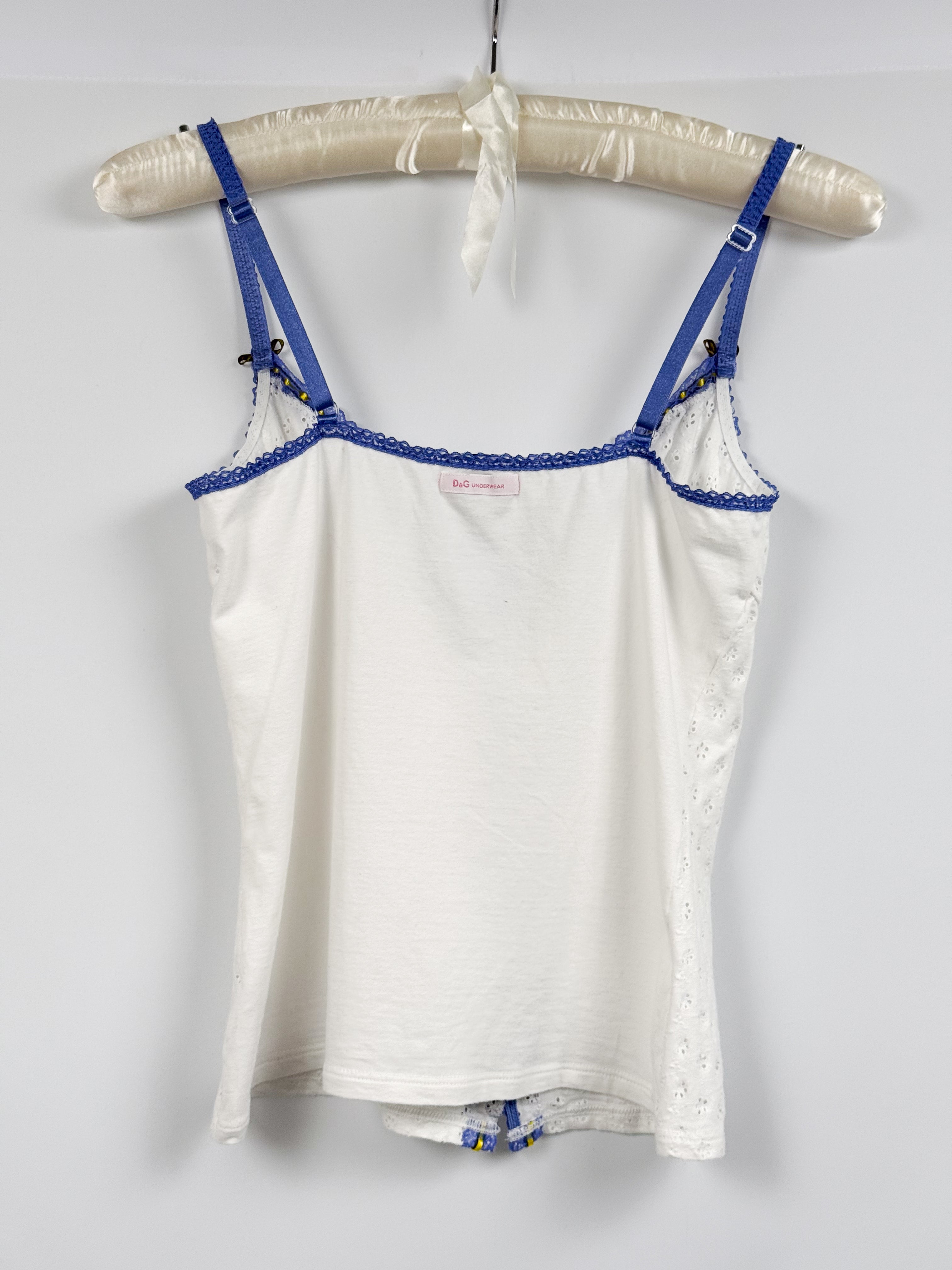 D&G Dolce & Gabbana 2000s White Eyelet Blue Lace Trim Cami - S