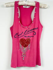 Moschino Jeans 2000s Pink "C'est L'Amour" Crystal Heart Graphic Racerback Tank - S